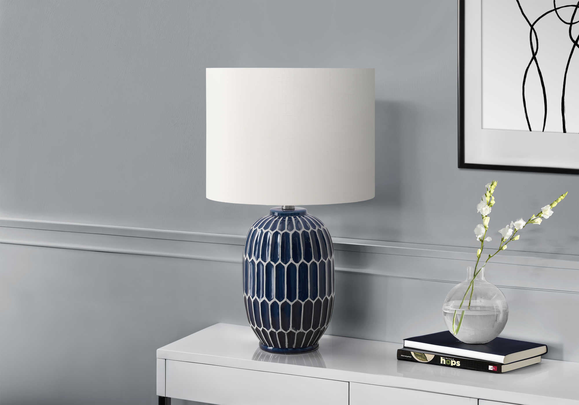 LUMINAIRE - 22"H LAMPE DE TABLE BLEU CERAMIQUE / IVOIRE – I 9876
