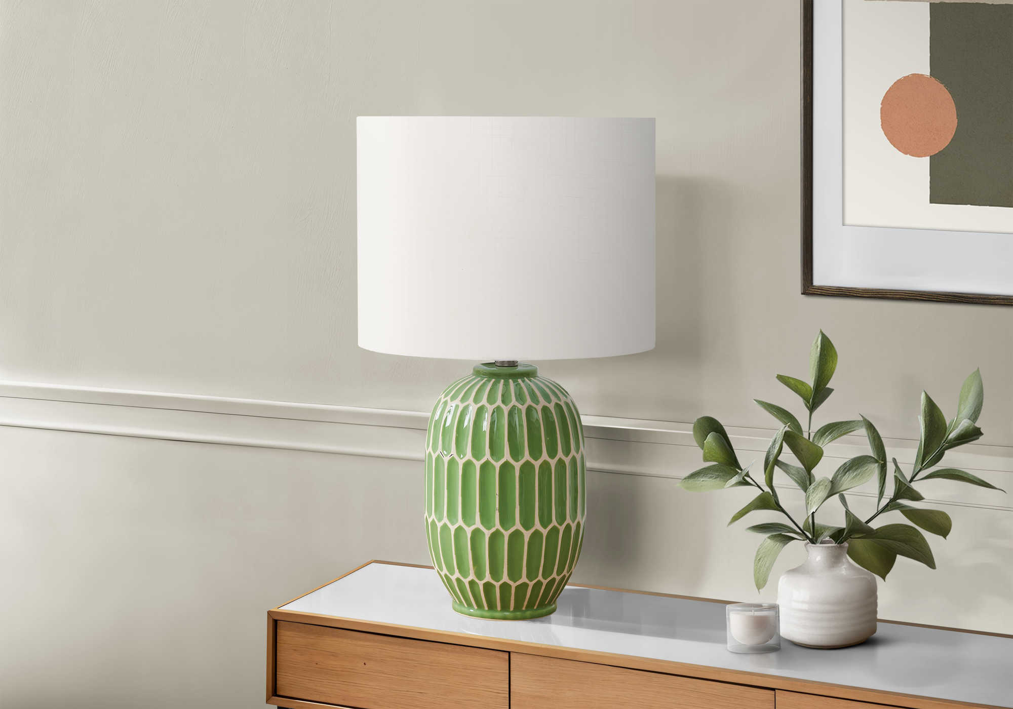 LUMINAIRE - 22"H LAMPE DE TABLE VERT CERAMIQUE / IVOIRE – I 9877