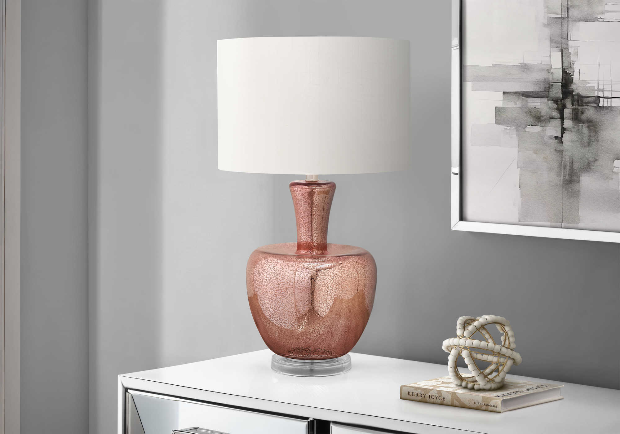 LUMINAIRE - 26"H LAMPE DE TABLE ROSE EN VERRE / IVOIRE – I 9899