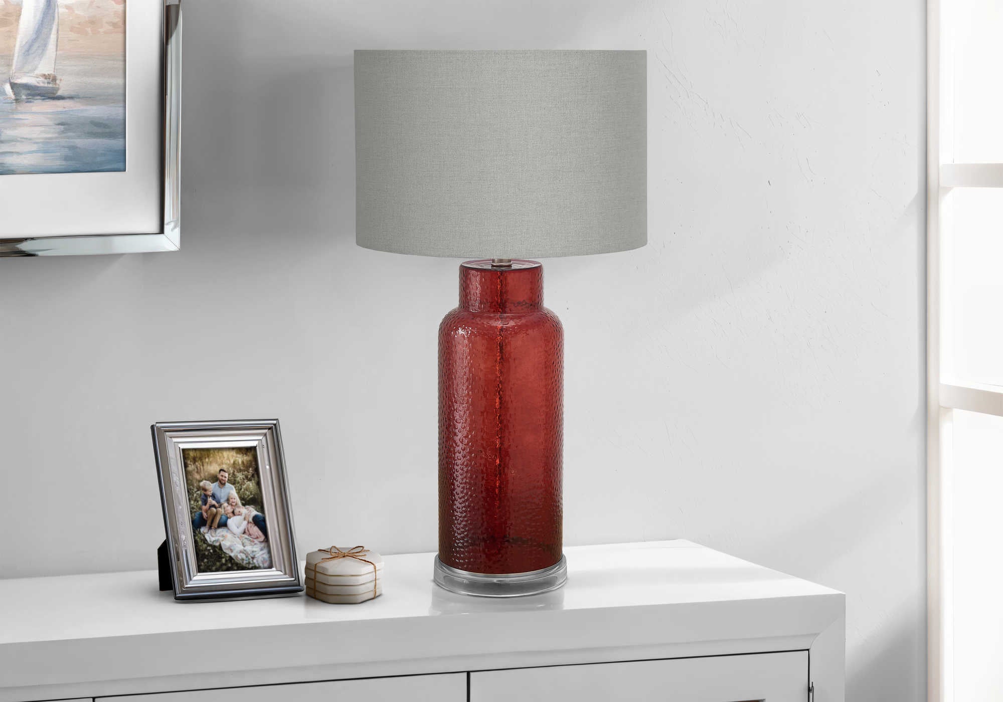 LUMINAIRE - 28"H LAMPE DE TABLE ROUGE EN VERRE / GRIS – I 9909