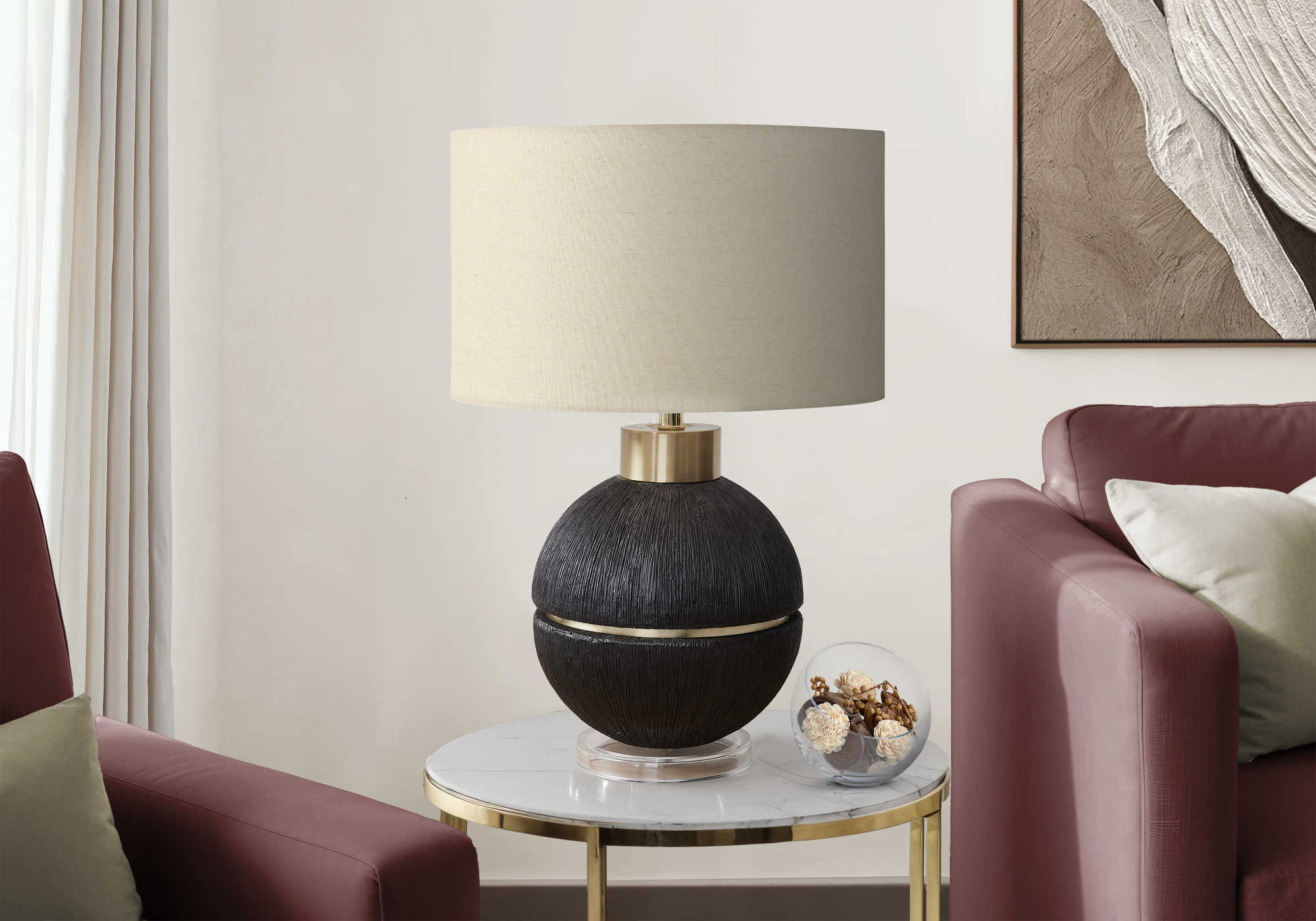 LUMINAIRE - 26"H LAMPE DE TABLE NOIR-OR RESINE / BEIGE – I 9926