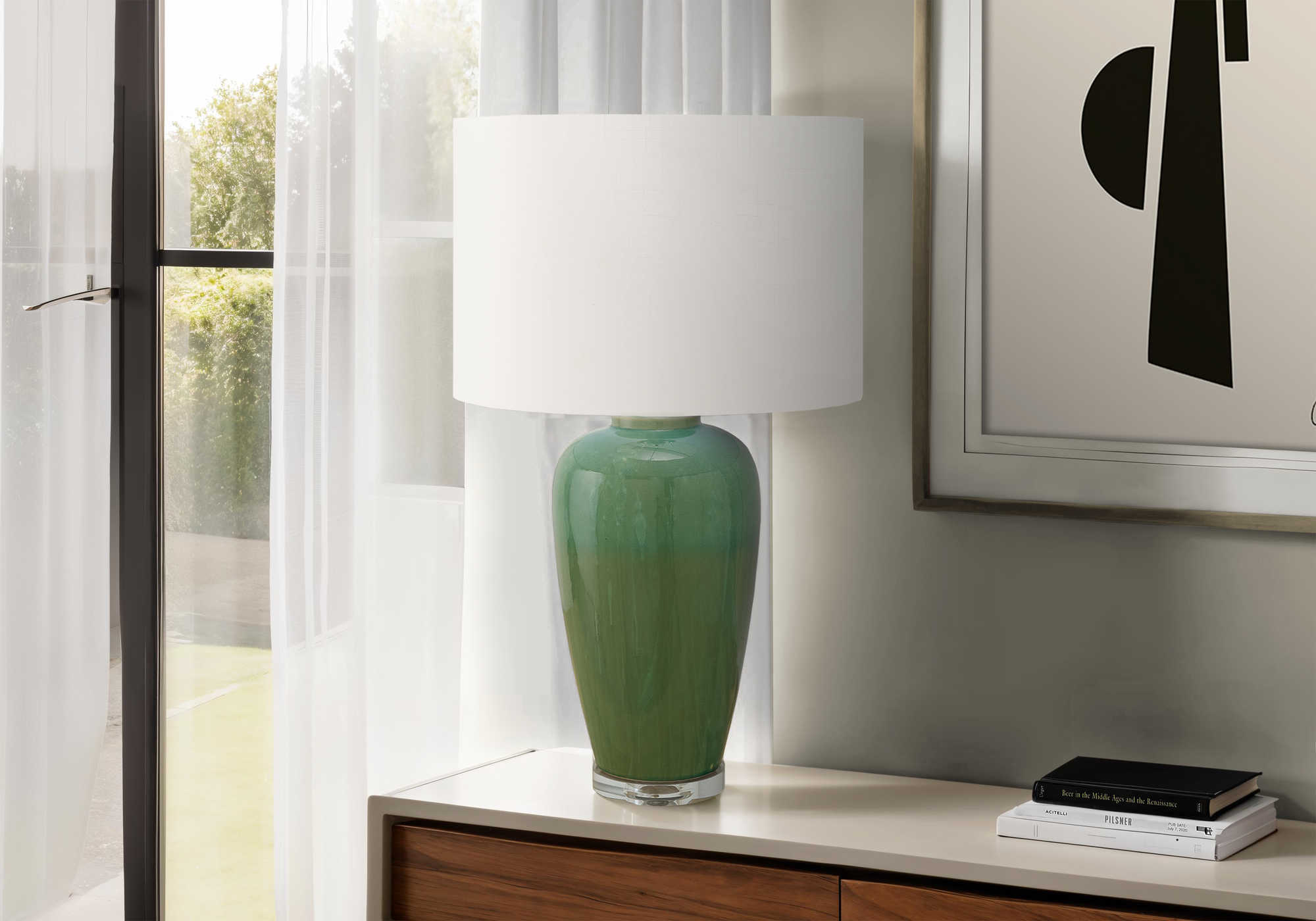 LUMINAIRE - 29"H LAMPE DE TABLE VERT CERAMIQUE / IVOIRE – I 9946