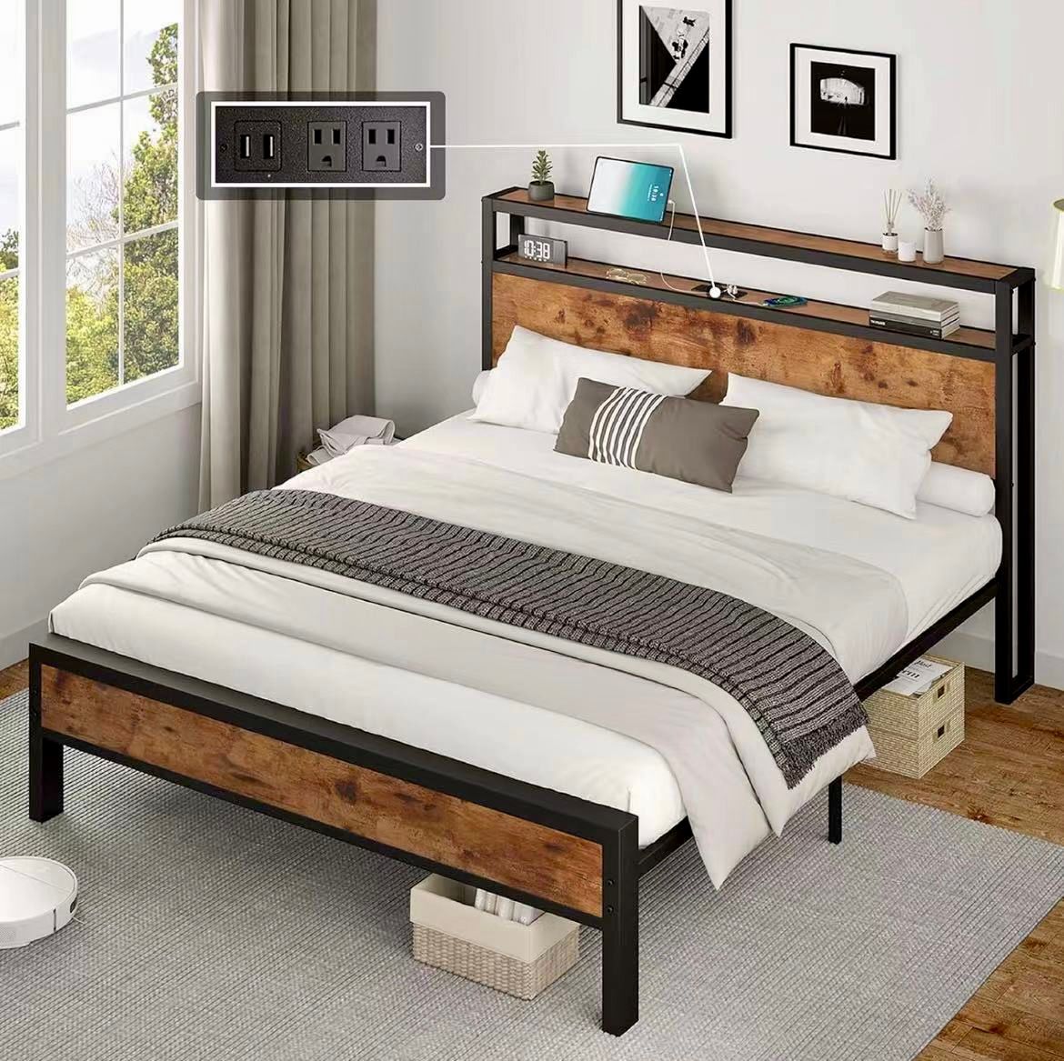 Image of bed 1300 - sturdy metal bed frame with power supply.