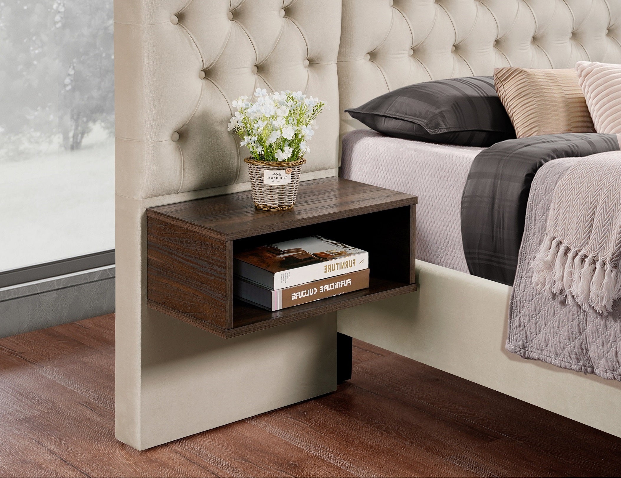 Beige Channel-Tufted Wingback Bed – IF-5565