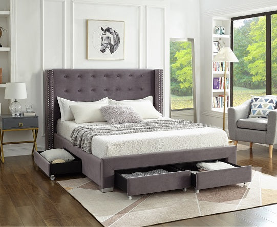 Grey Tufted Wingback Storage Bed with Nailhead Trim – IF-5320