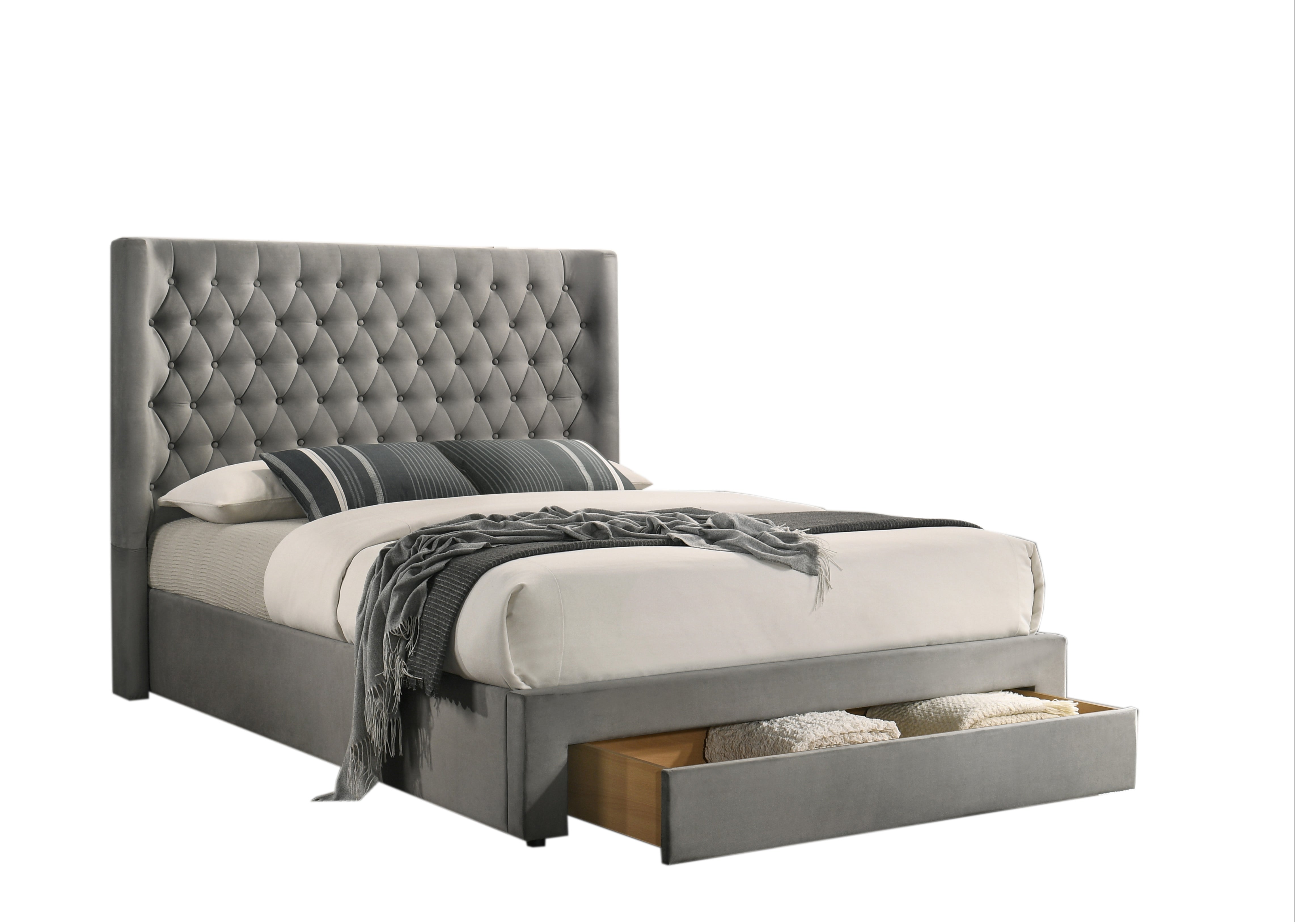 Grey Tufted Storage Bed with Footboard Drawers – IF-5761