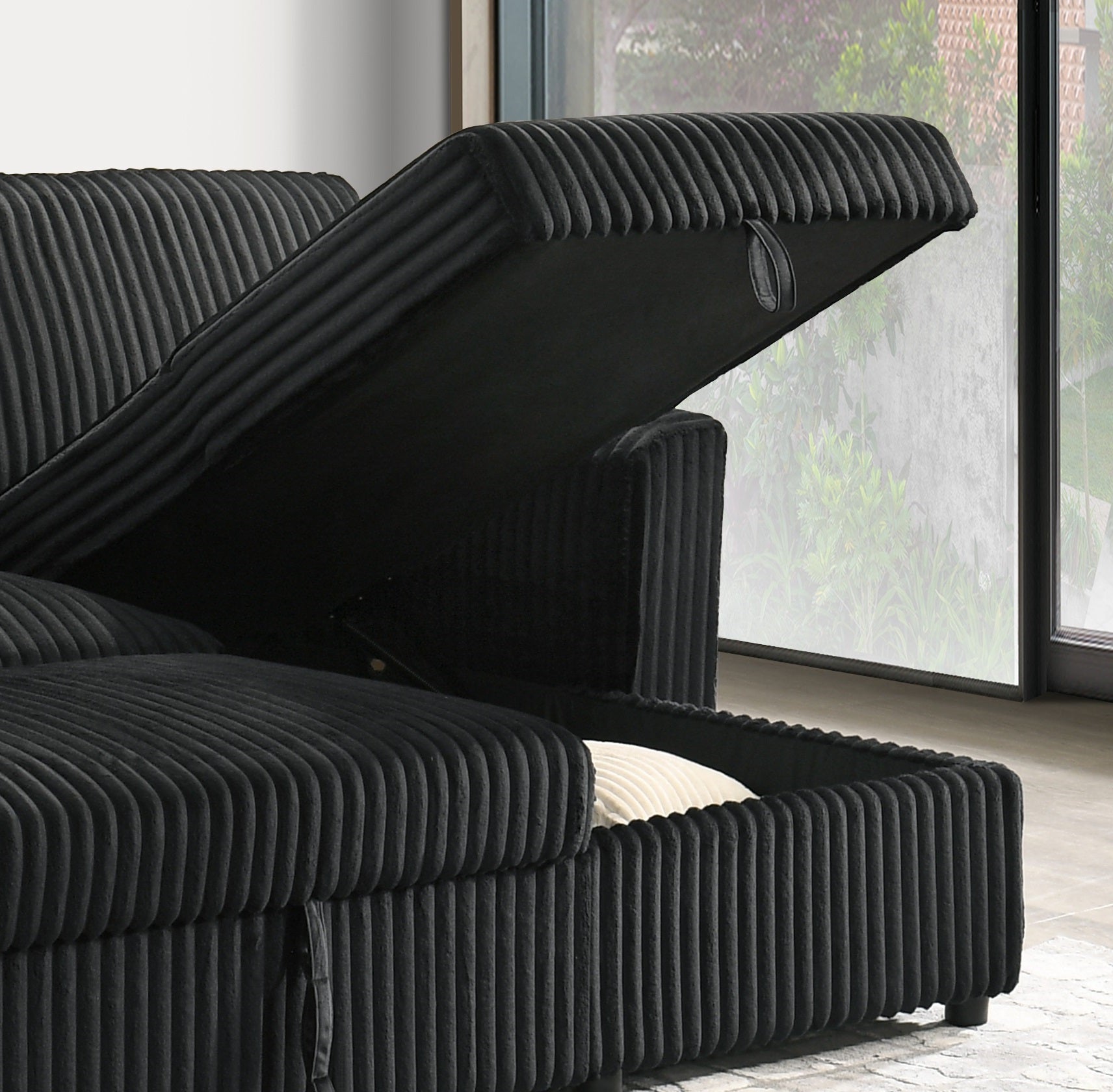 Black Corduroy Sleeper Sectional with Storage Chaise – IF-9024 W/Reversible Chaise