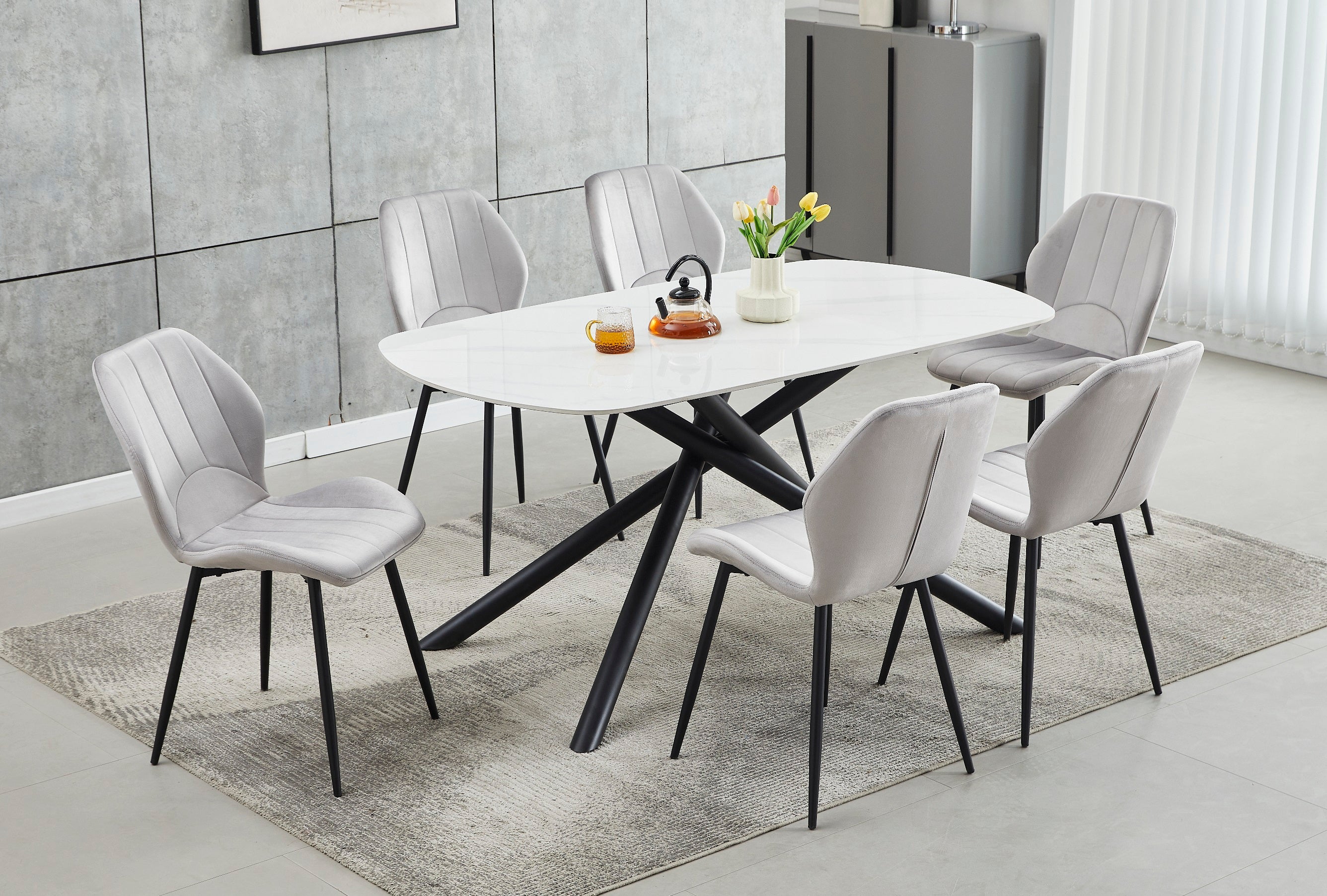 Table: Sintered Stone White Marble Top With Black Steel Legs Dinette Set – T-1530 C-1535