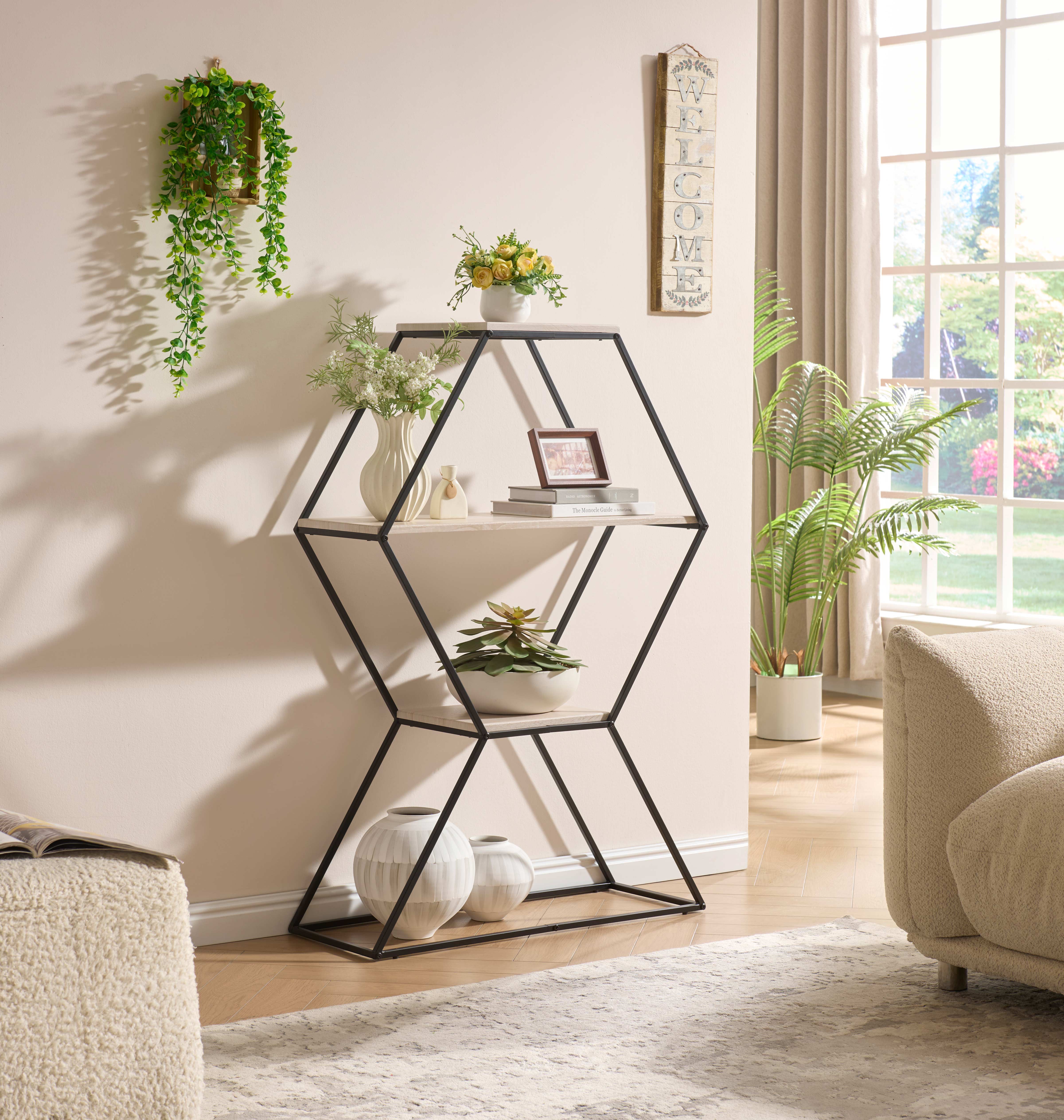 Three-tier design with light wood-look shelves for décor, plants, books, or accents Coffee / Side...