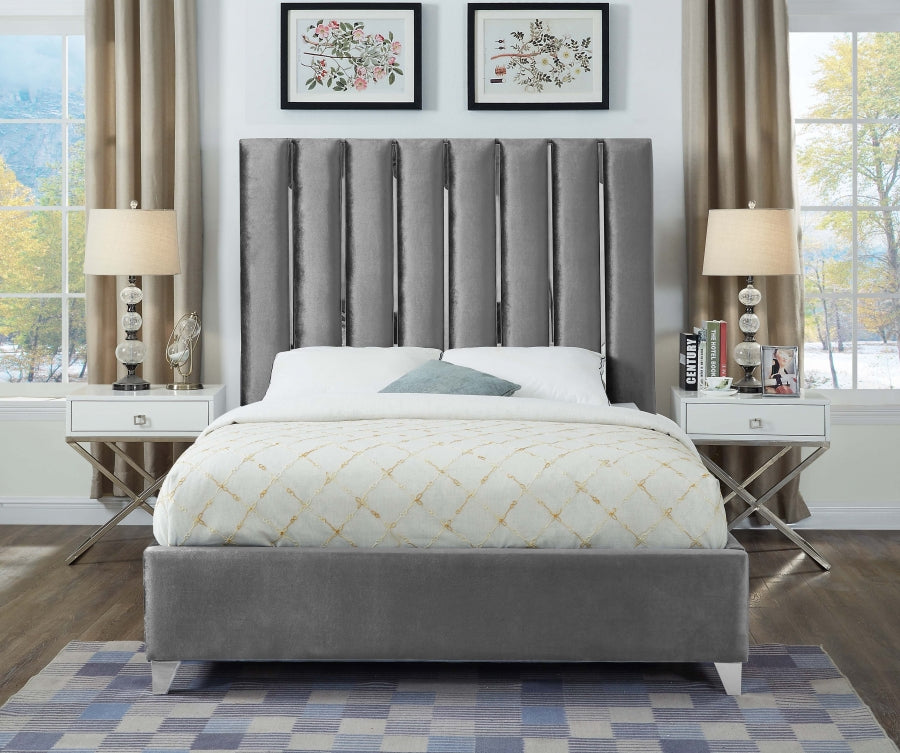 Grey Velvet Channel-Tufted Bed – IF-5620