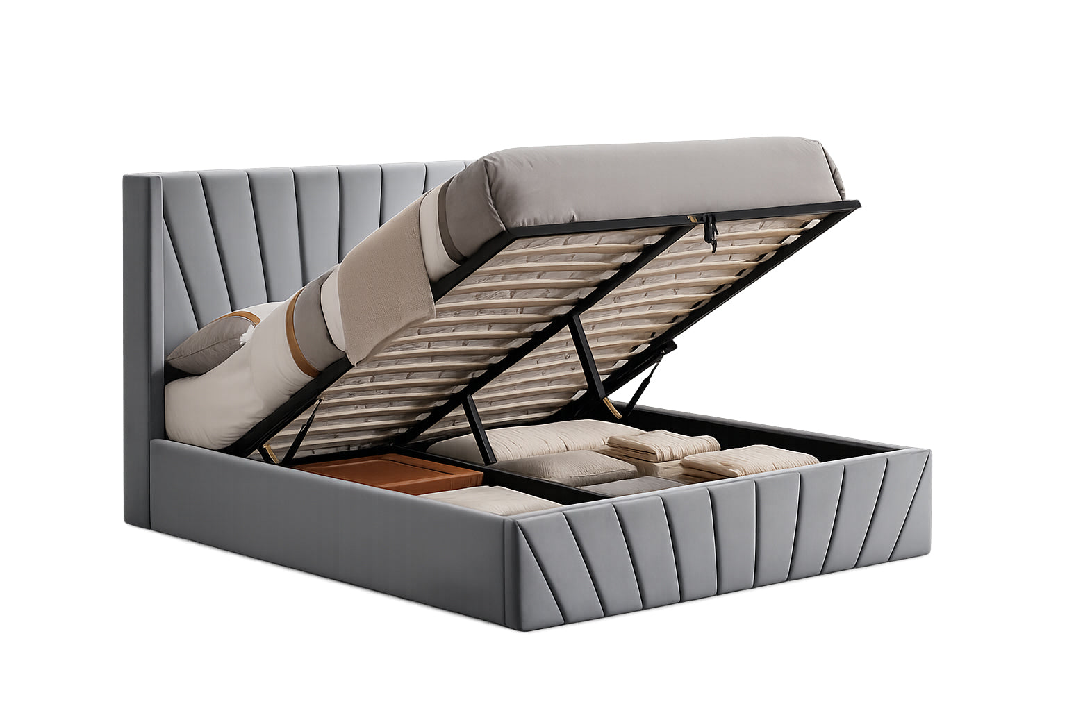 Grey Channel-Tufted Storage Bed with Hydraulic Lift – IF-5870