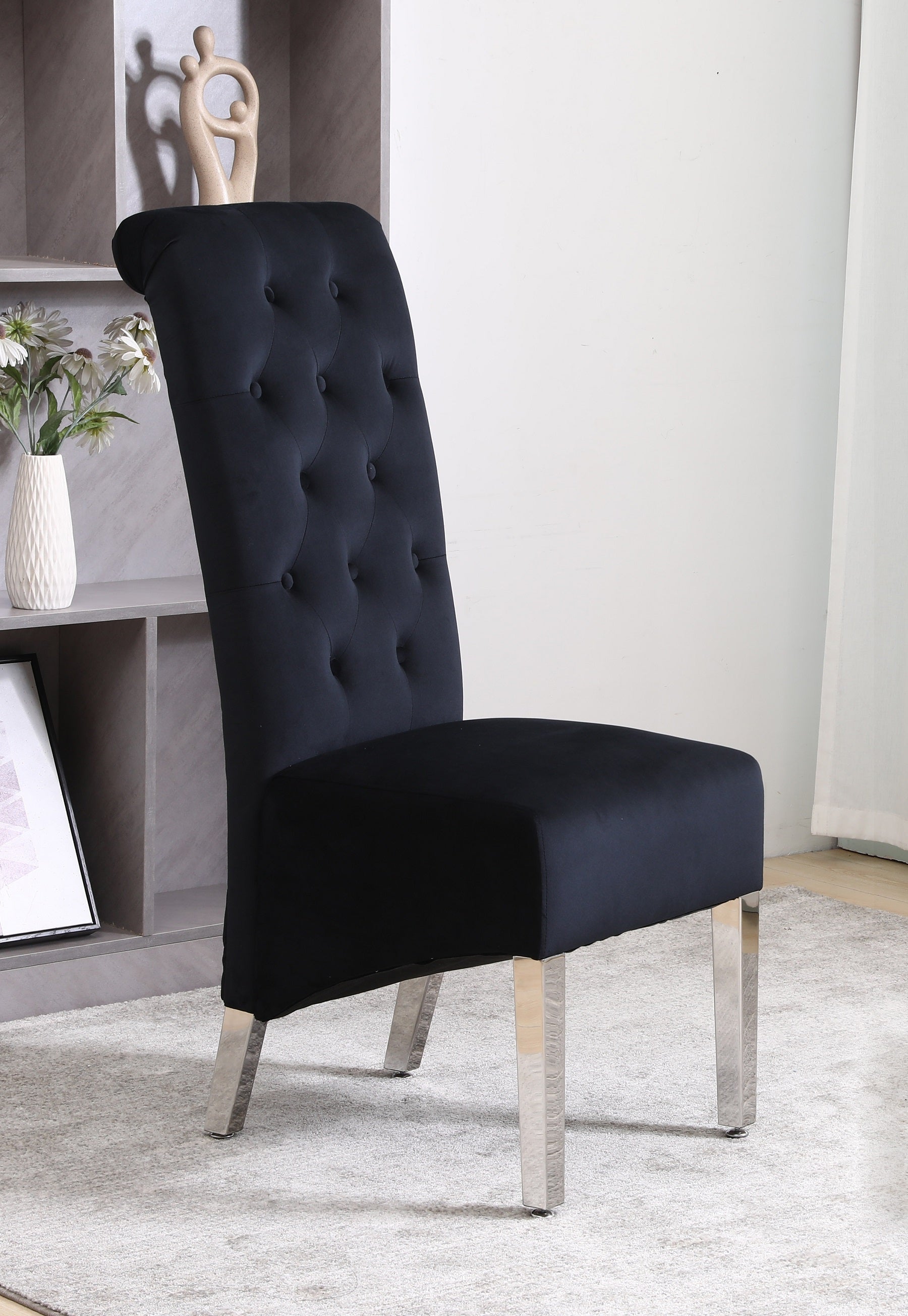 Image of c-1271: 02 black velvet dining chair with chrome base..