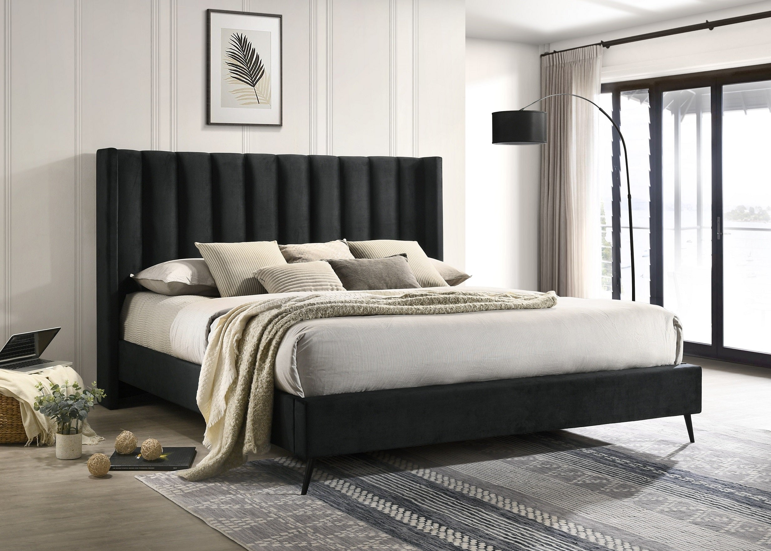 Black Velvet Channel-Tufted Bed – IF-5231