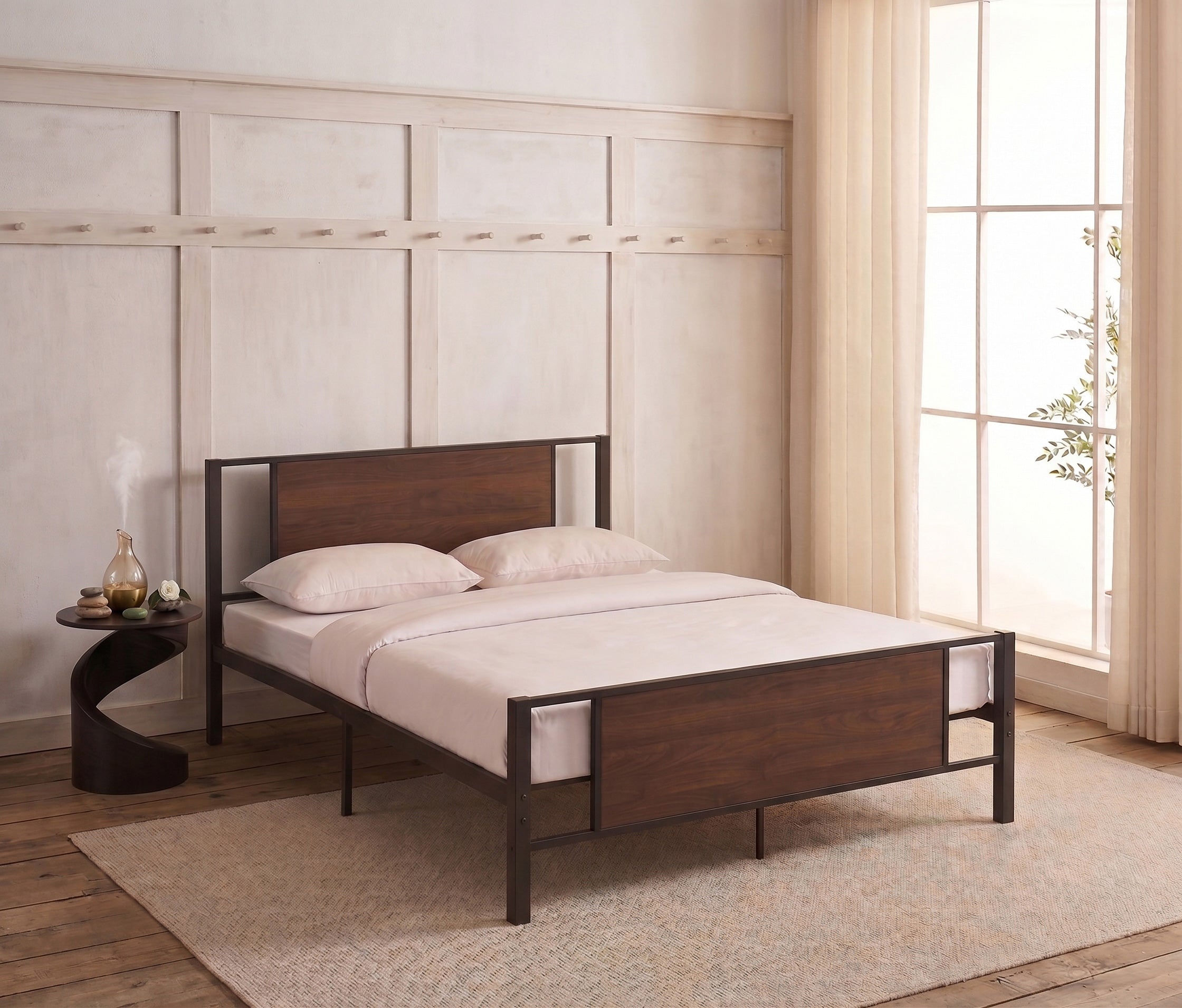 Black Steel Bed Frame with Wood Panel Accents – IF-5275