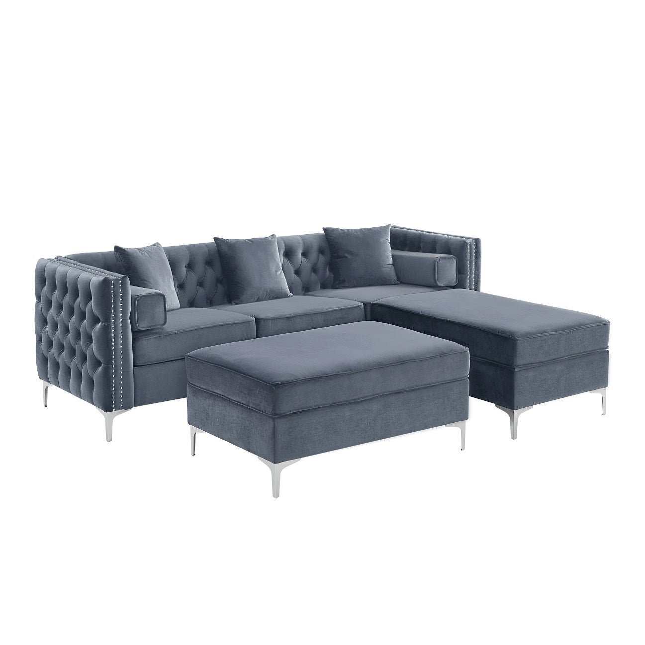 Grey Tufted Sectional Sofa with Ottoman – IF-9280 IF-9281