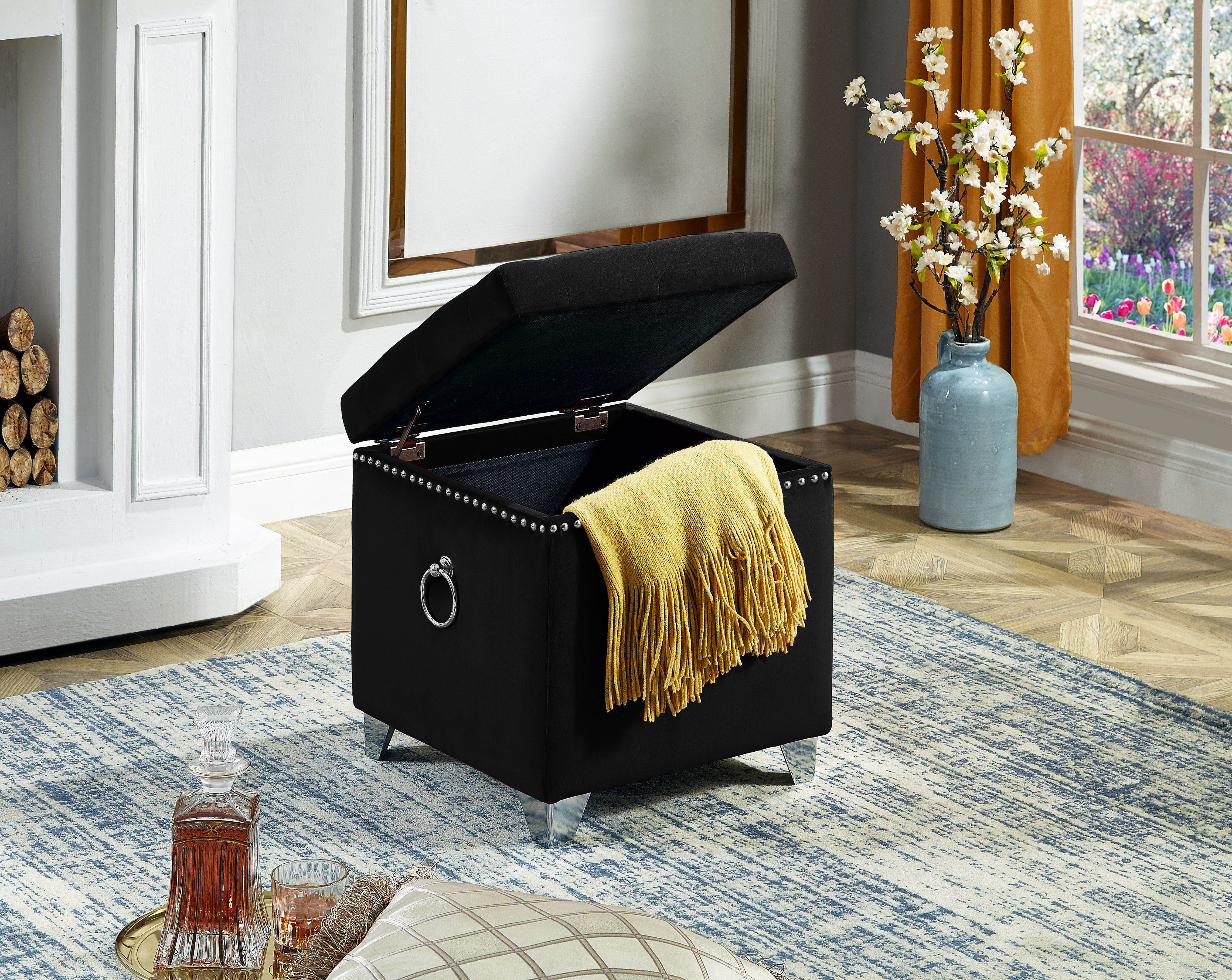 Black Tufted Storage Ottoman with Nailhead Trim – IF-6296