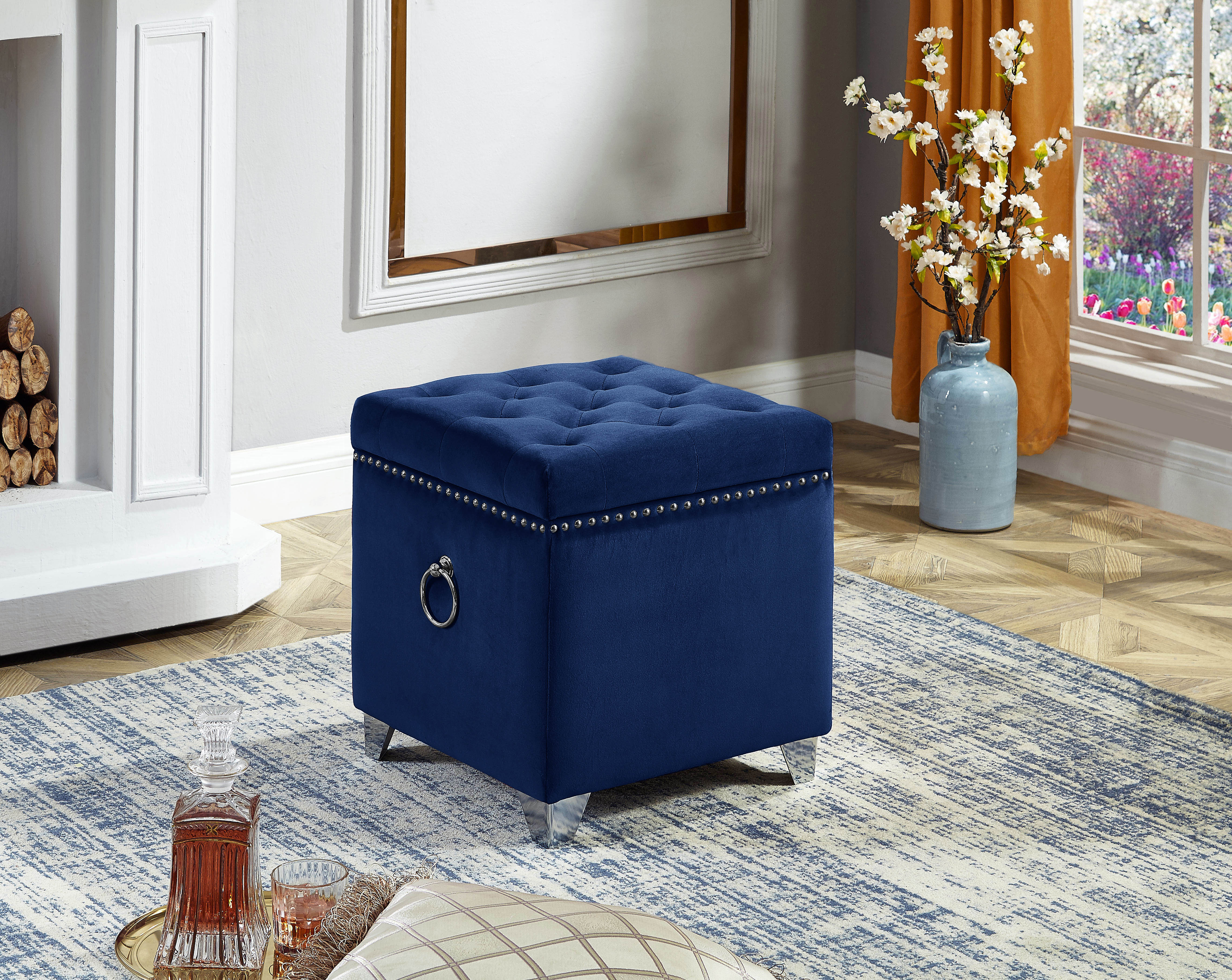 Navy Blue Tufted Storage Ottoman with Nailhead Trim – IF-6297