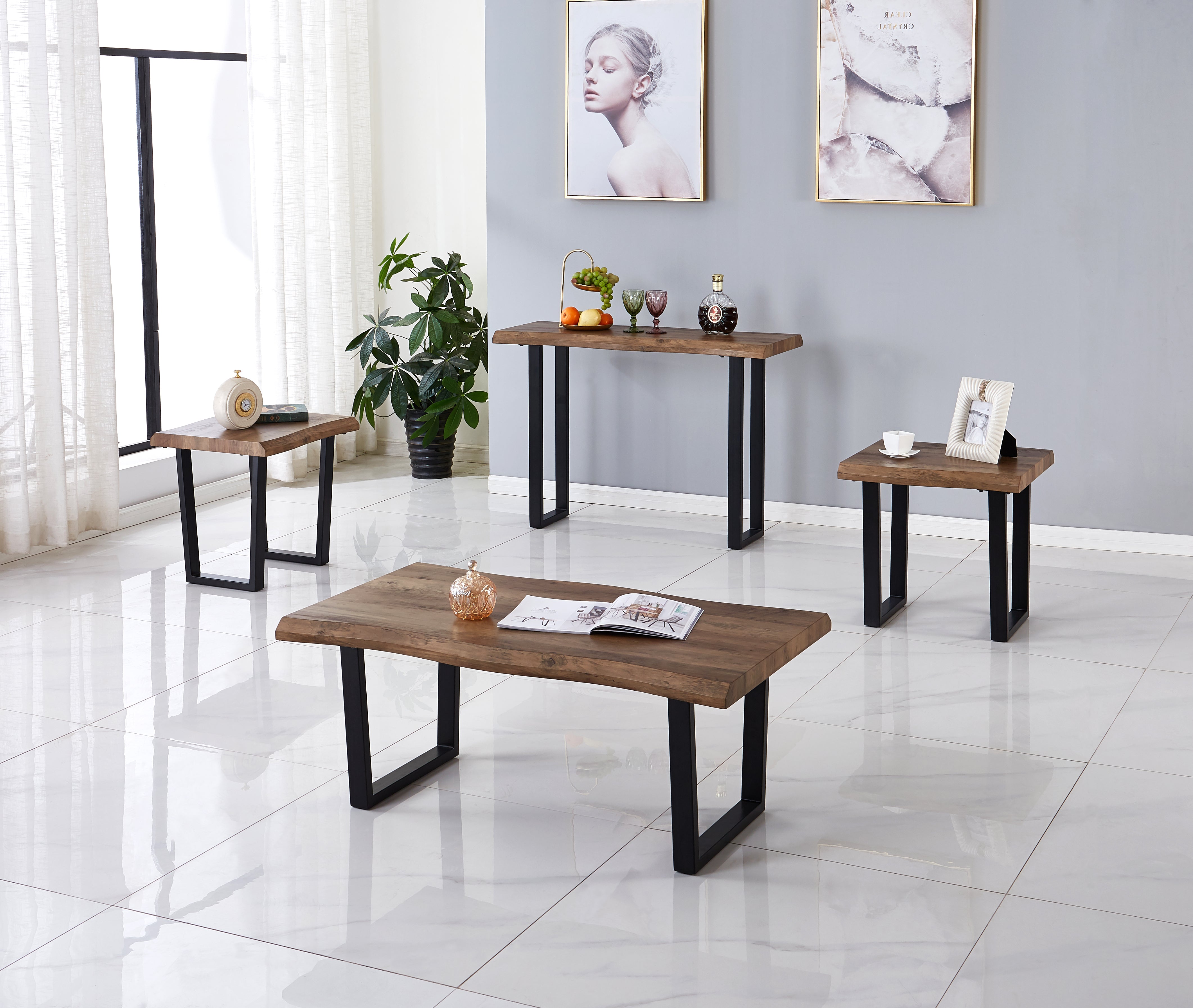 Wood & Black Metal Coffee & Side Table Set – IF-2690/IF-2691