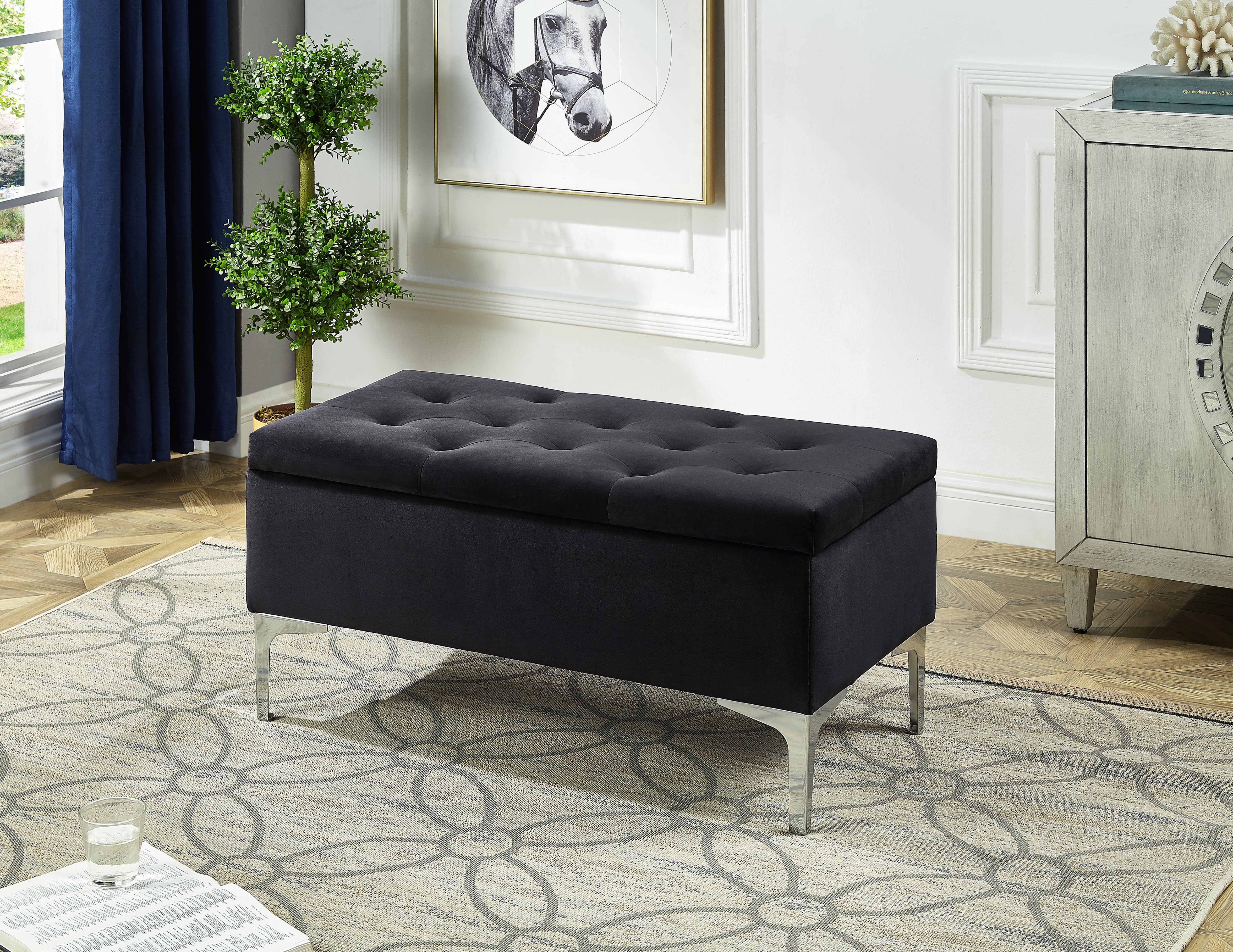 Black Tufted Storage Bench with Chrome Legs – IF-6256