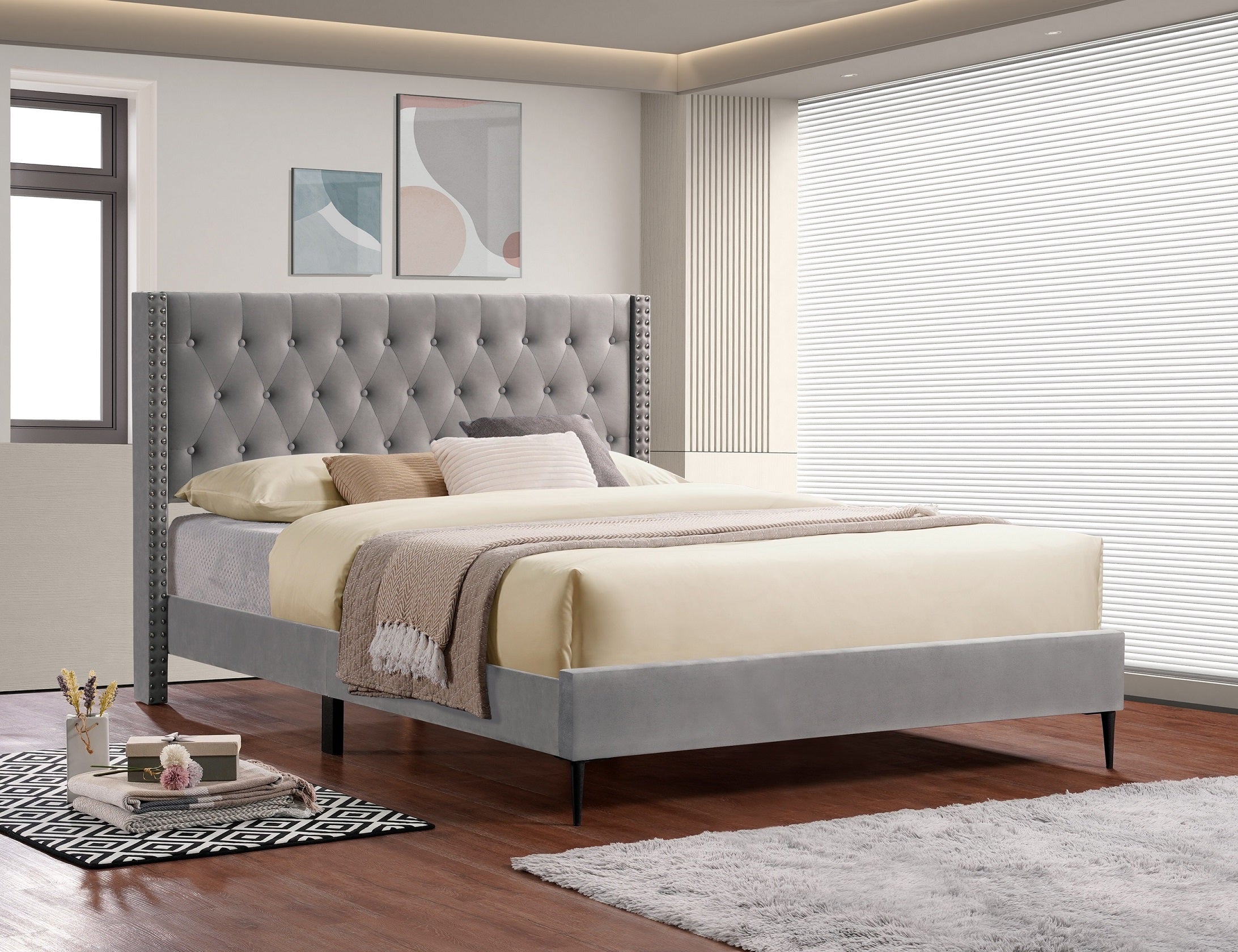Grey Tufted Wingback Bed with Nailhead Trim – IF-5590