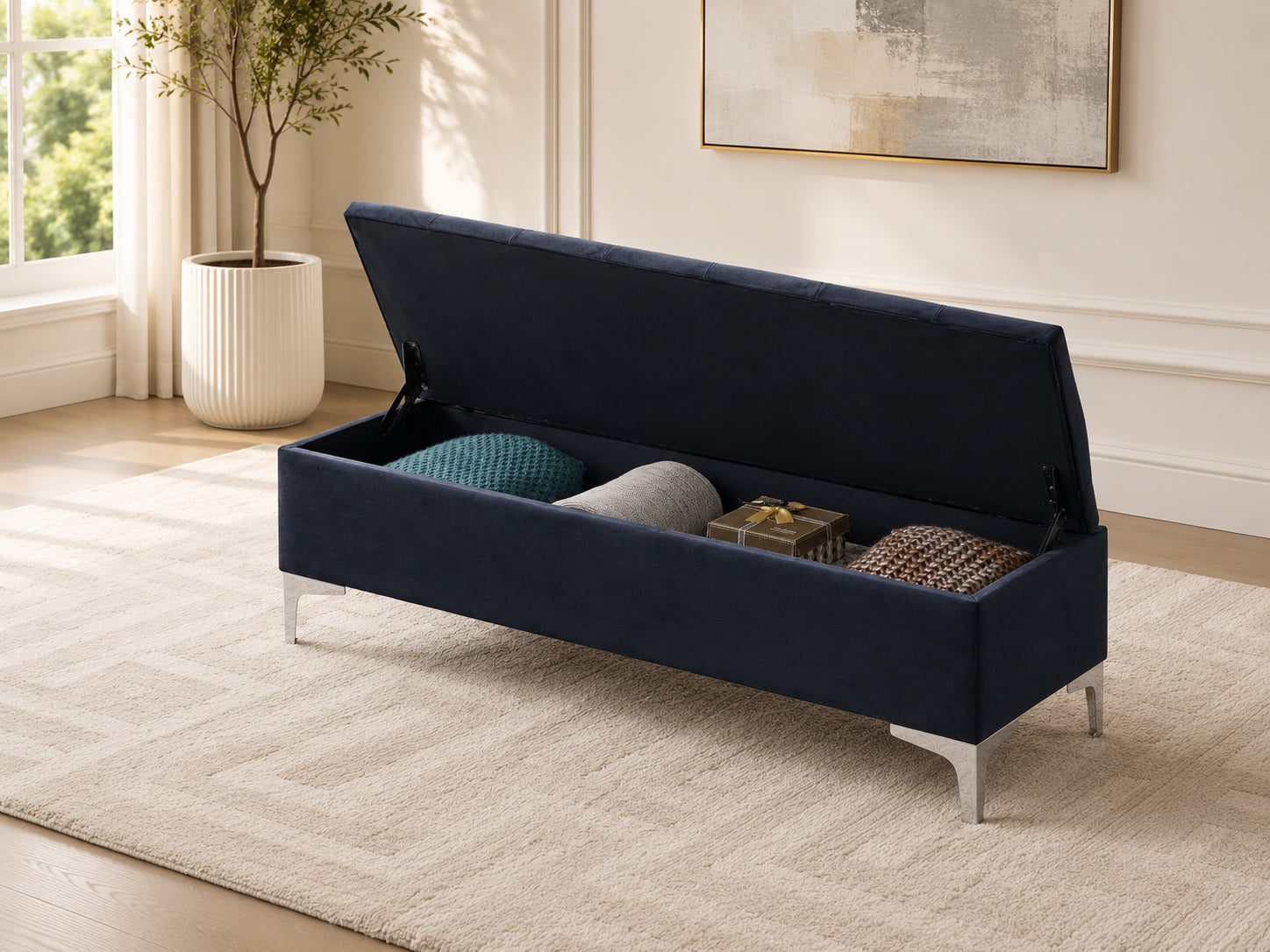 Navy Blue Tufted Storage Bench – IF-6501