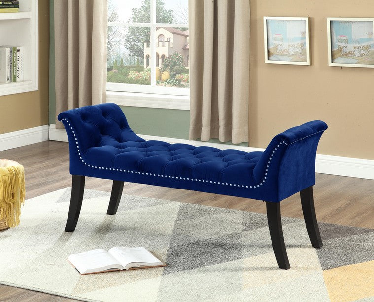 Navy Blue Tufted Bench with Rolled Arms and Nailhead Trim – IF-6232