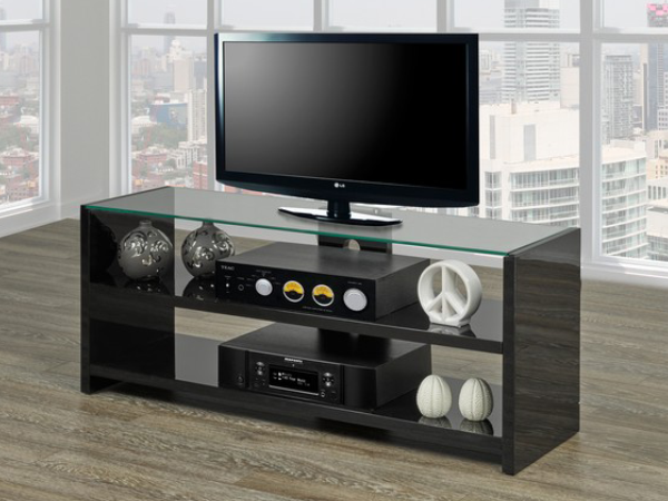 Black Glass TV Stand with Wood Accents – IF-5020