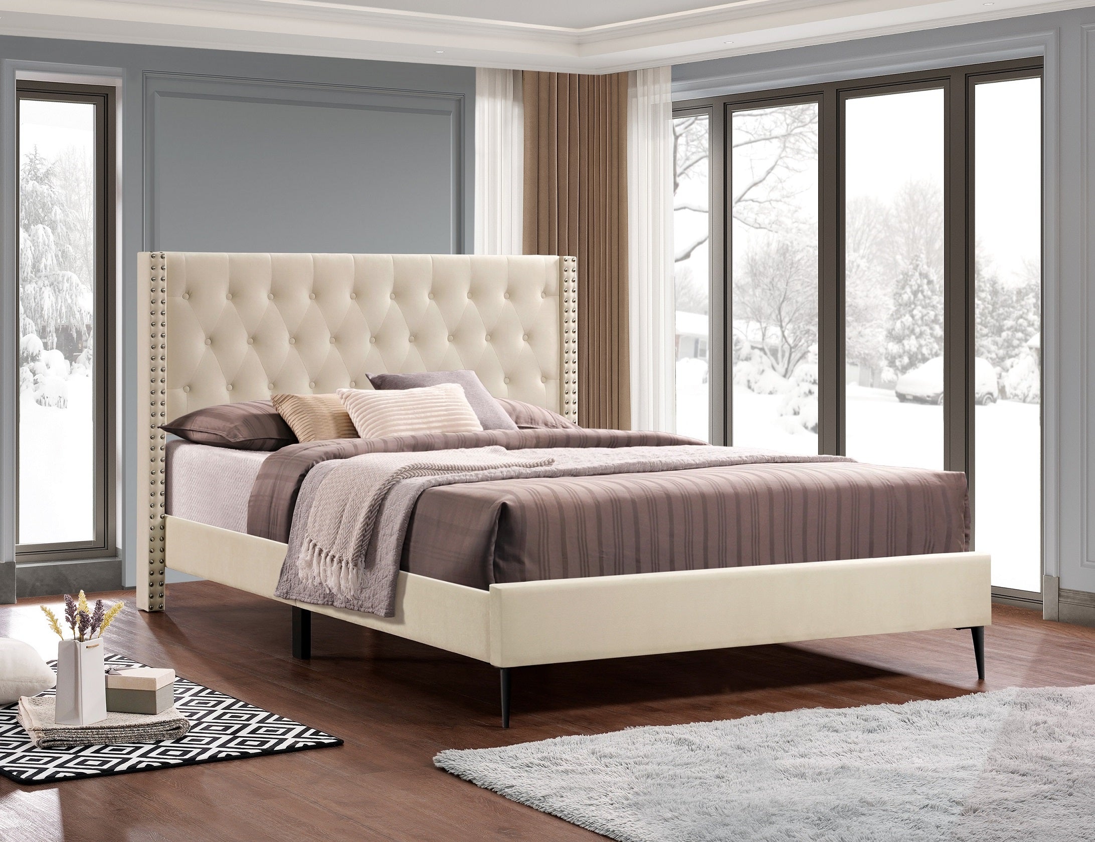 Beige Tufted Wingback Bed with Nailhead Trim – IF-5592