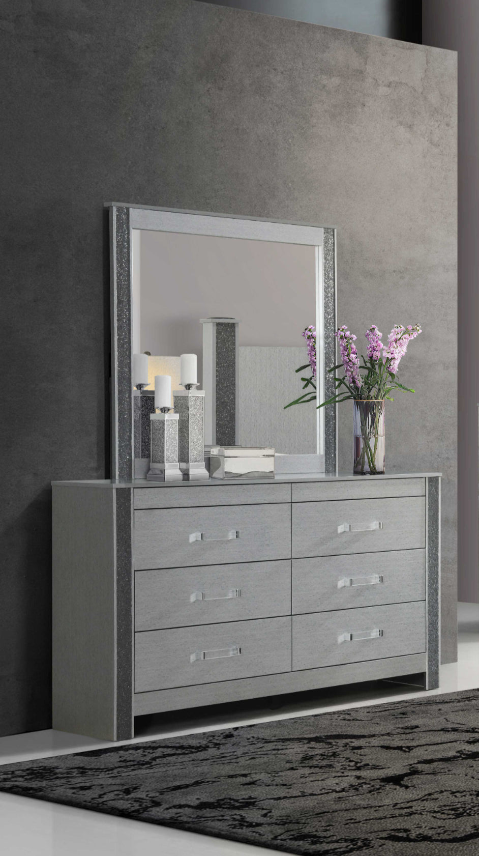 6 spacious pull-out drawers for convenient storage Dresser & Mirror Set – Logan-Silver D/M