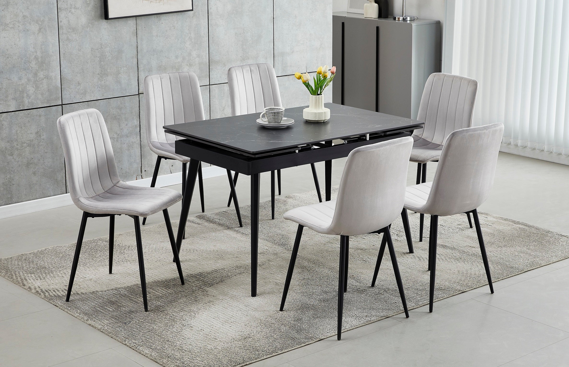 Extension Table: Sintered Stone Marble Top With Black Steel Legs Dinette Set – T-1472 C-1473