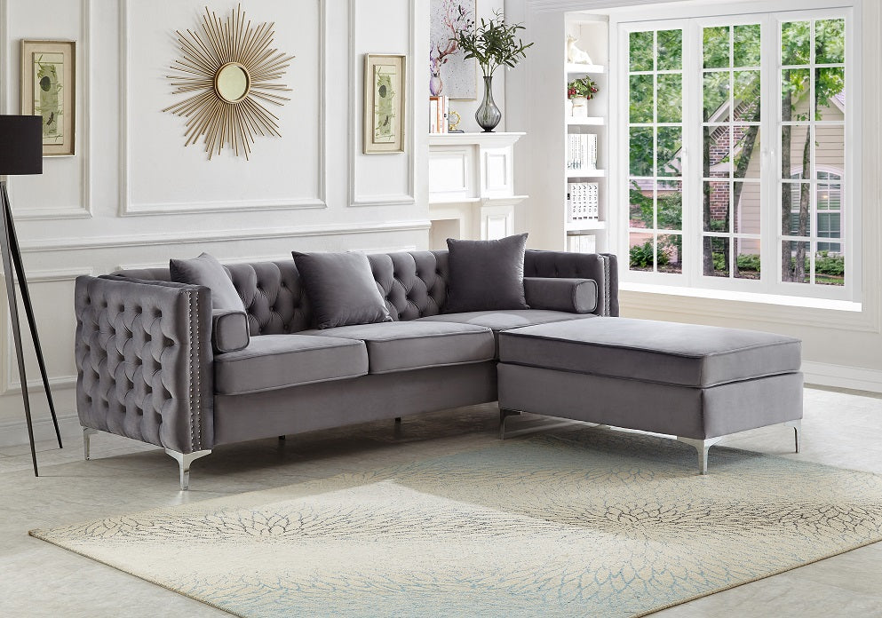 Grey Tufted Sectional Sofa with Ottoman – IF-9280 IF-9281