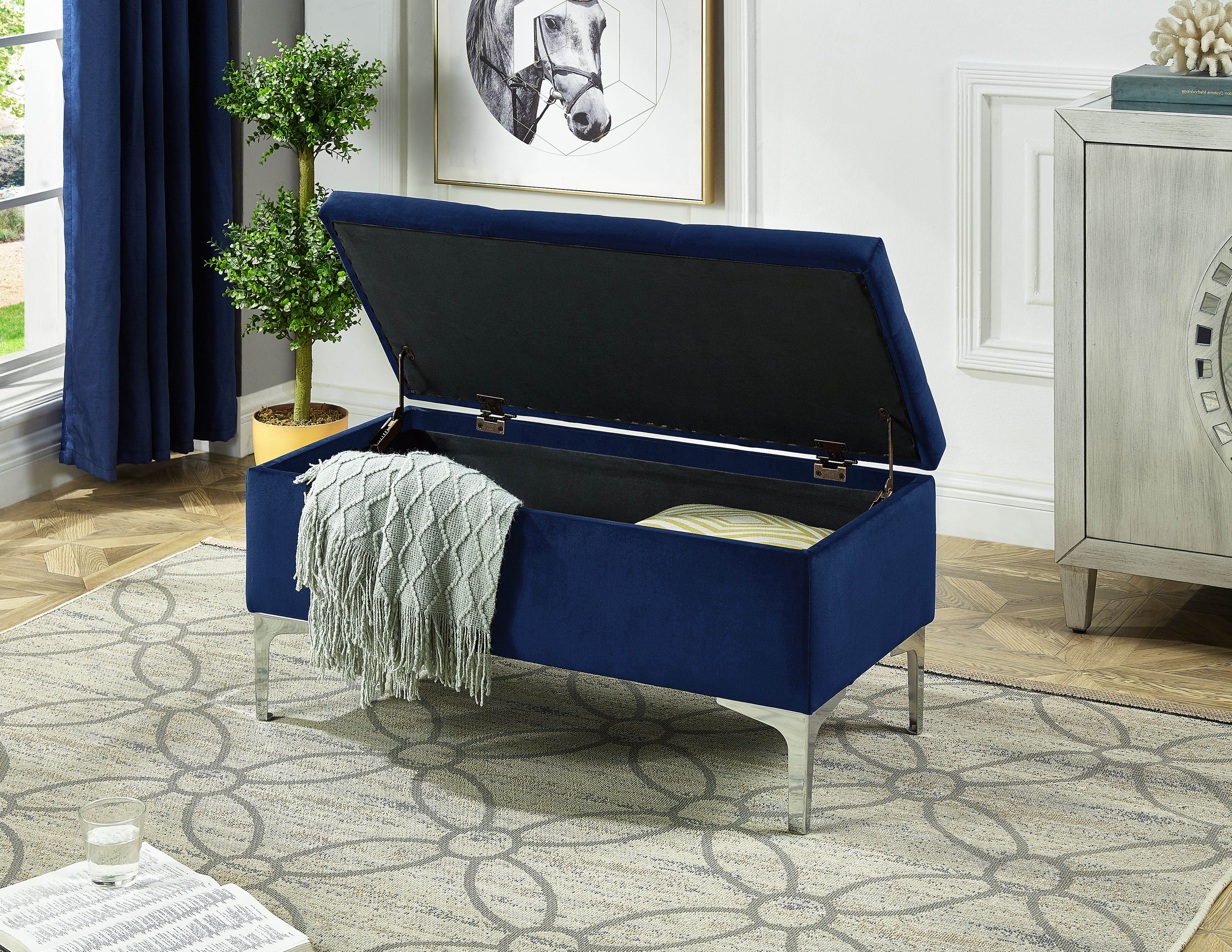 Navy Blue Tufted Storage Bench with Chrome Legs – IF-6257