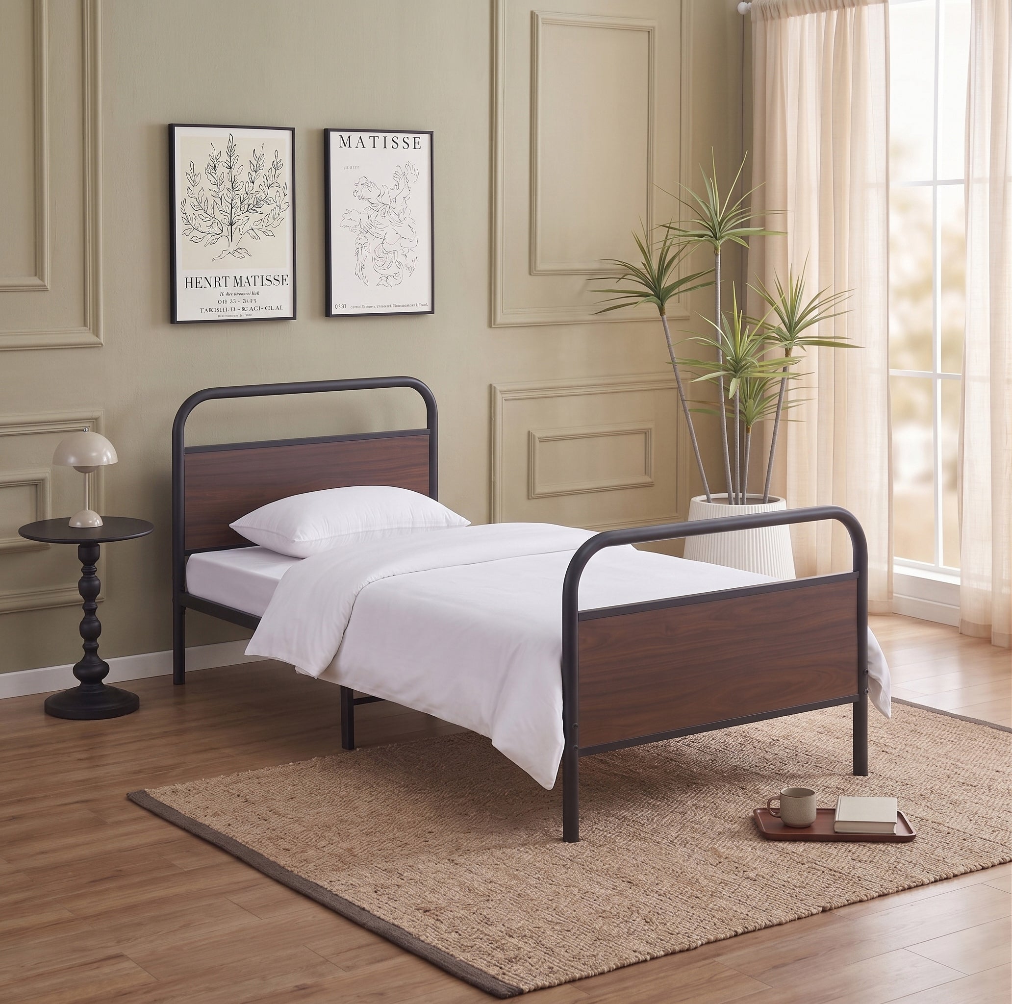 Black Steel Bed Frame with Wood Panel Accents – IF-5255