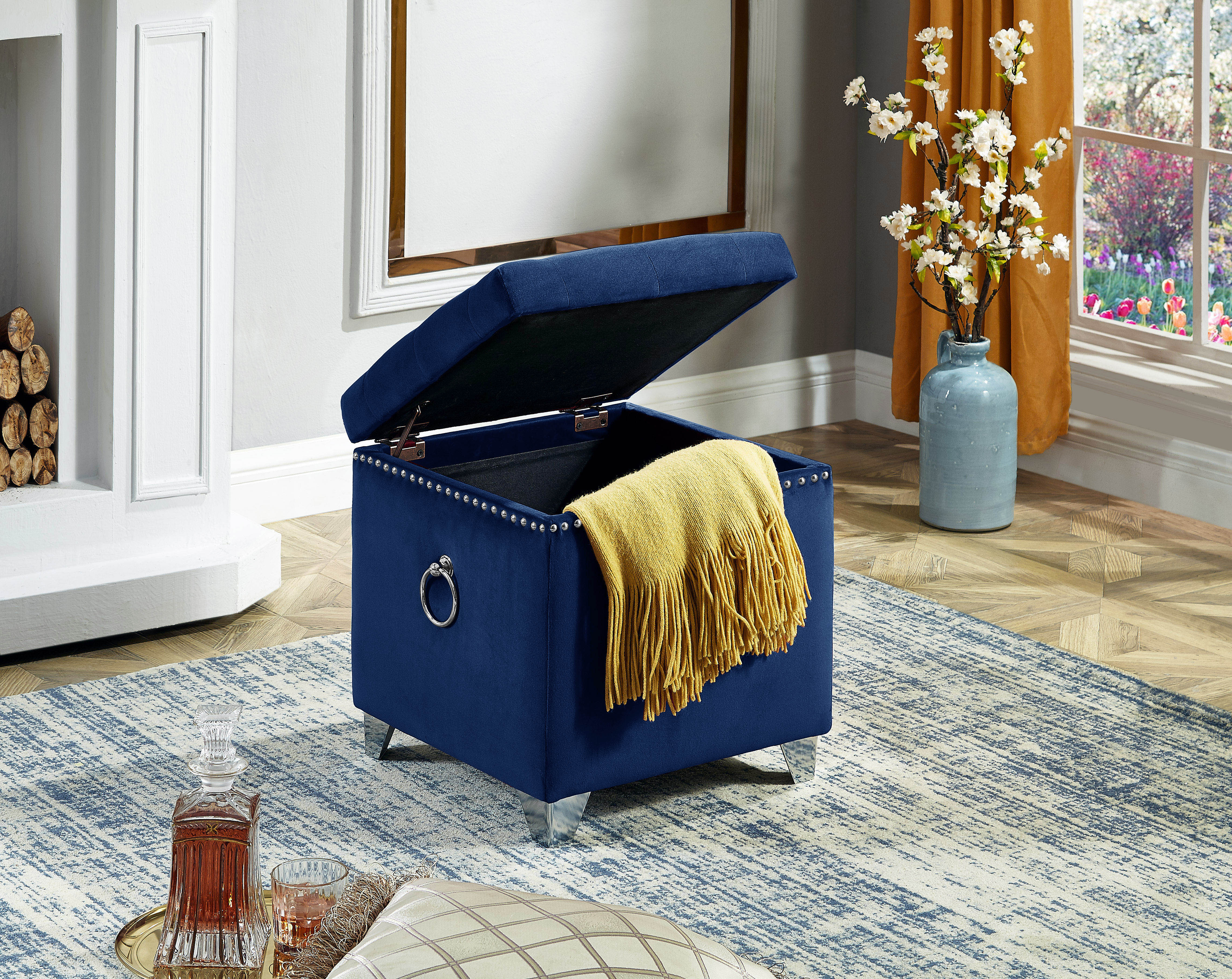 Navy Blue Tufted Storage Ottoman with Nailhead Trim – IF-6297