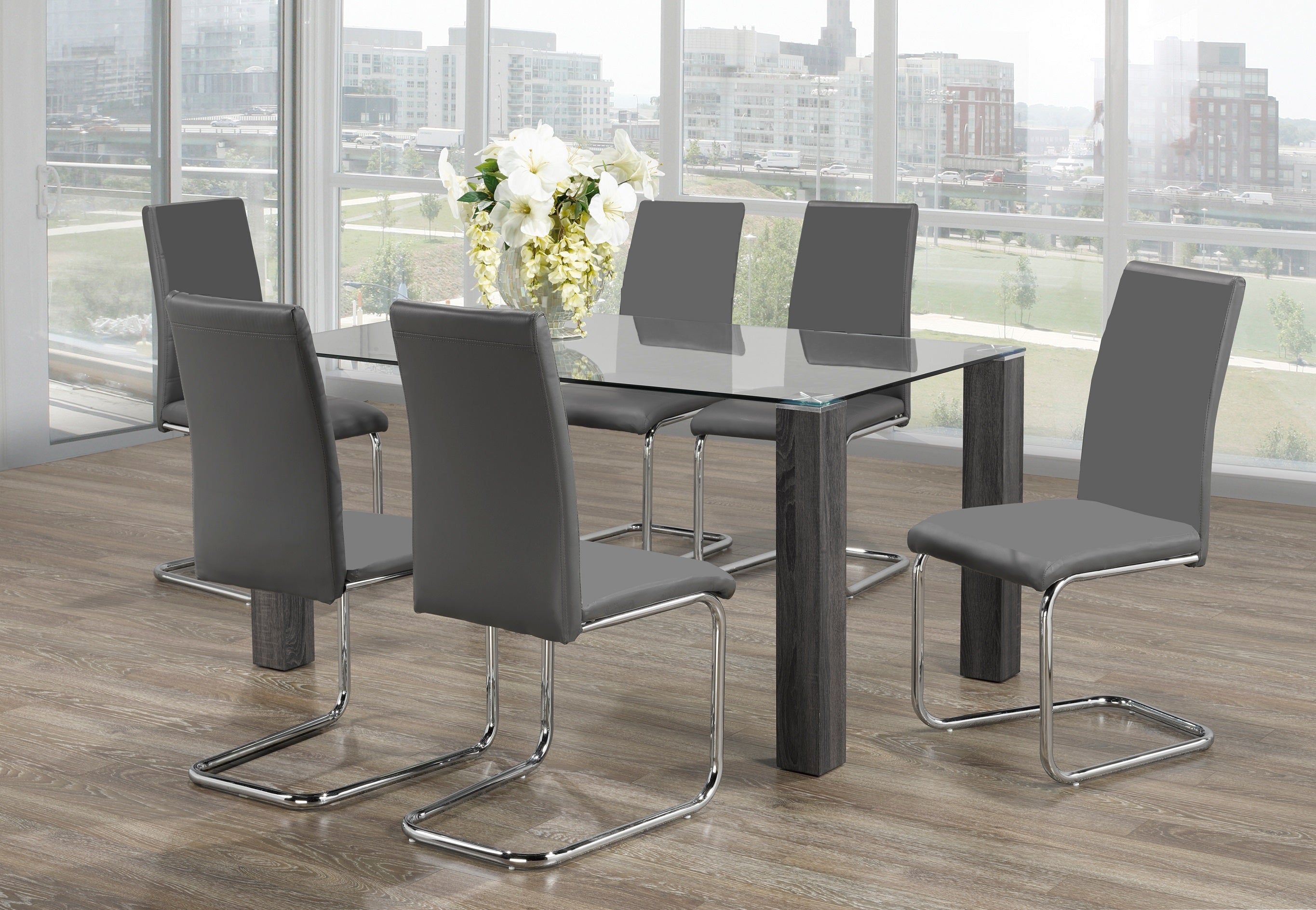 Table: 10mm Tempered Clear Glass with Grey Wooden Legs and Chrome Accents Dinette Set – T-1449 C-...