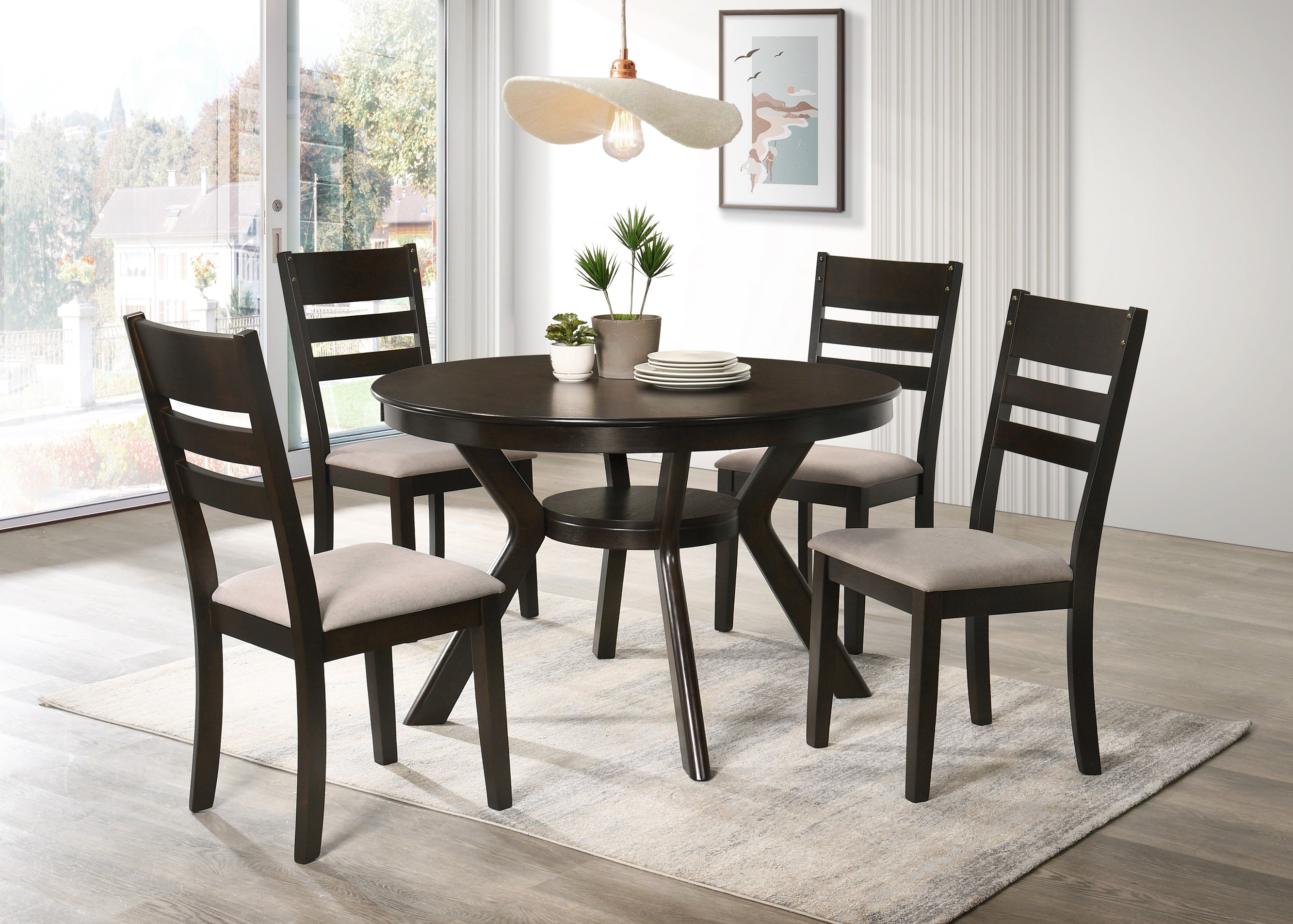 Creme Upholstered Cushion Fabric Seats Dinette Set – T-1085 C-1092