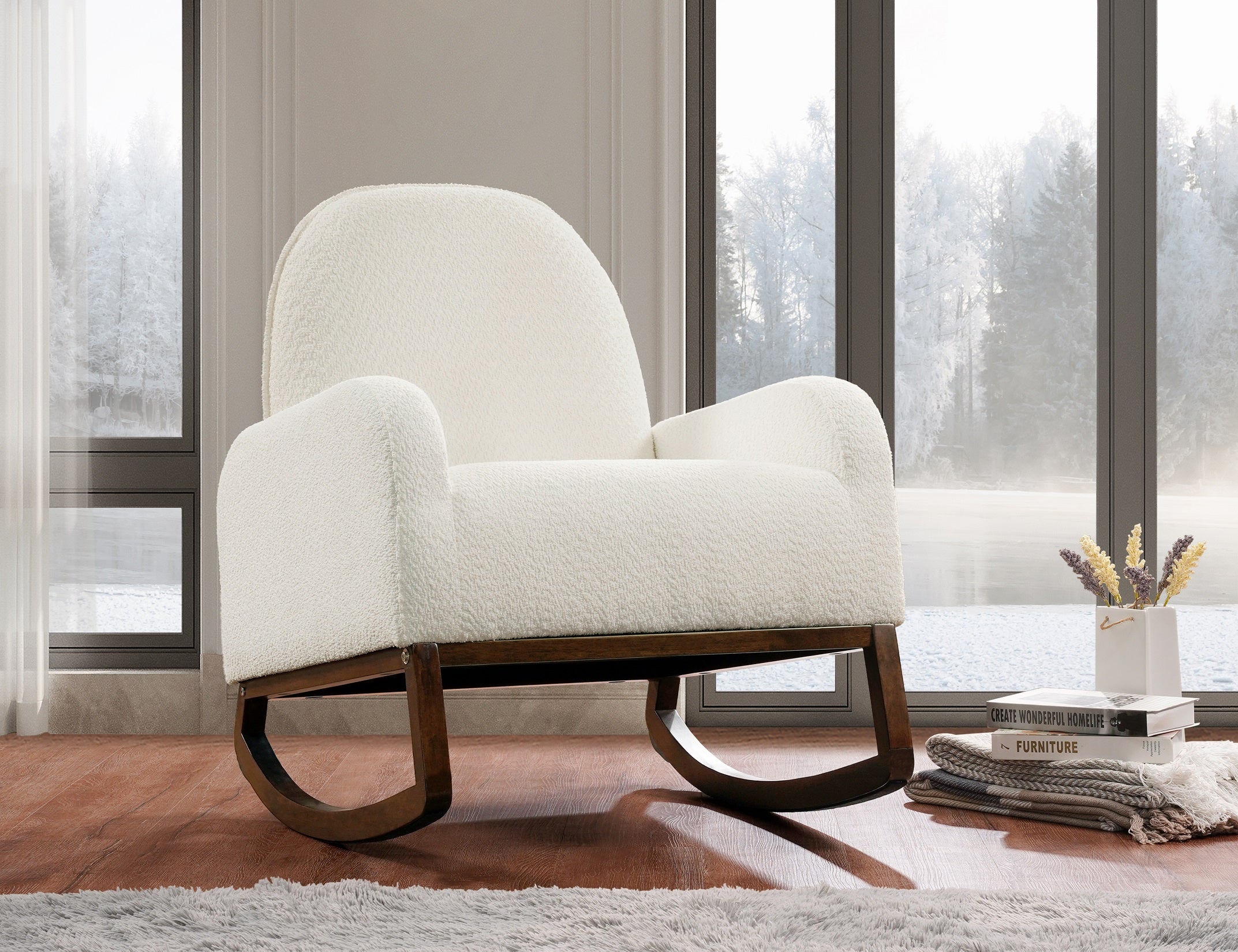 Ivory Boucle Rocking Chair with Curved Wood Base – IF-663