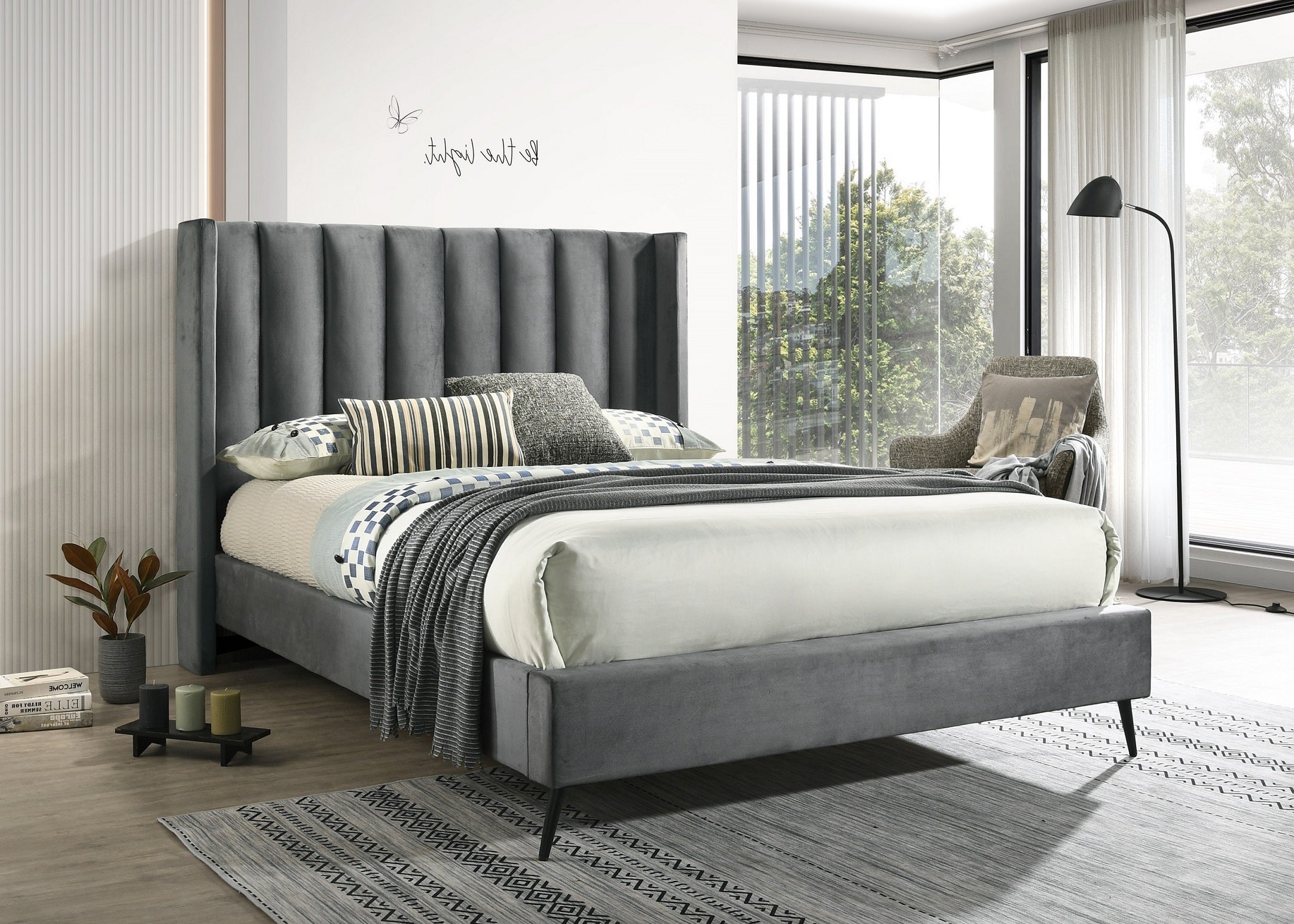 Grey Velvet Channel-Tufted Bed – IF-5230