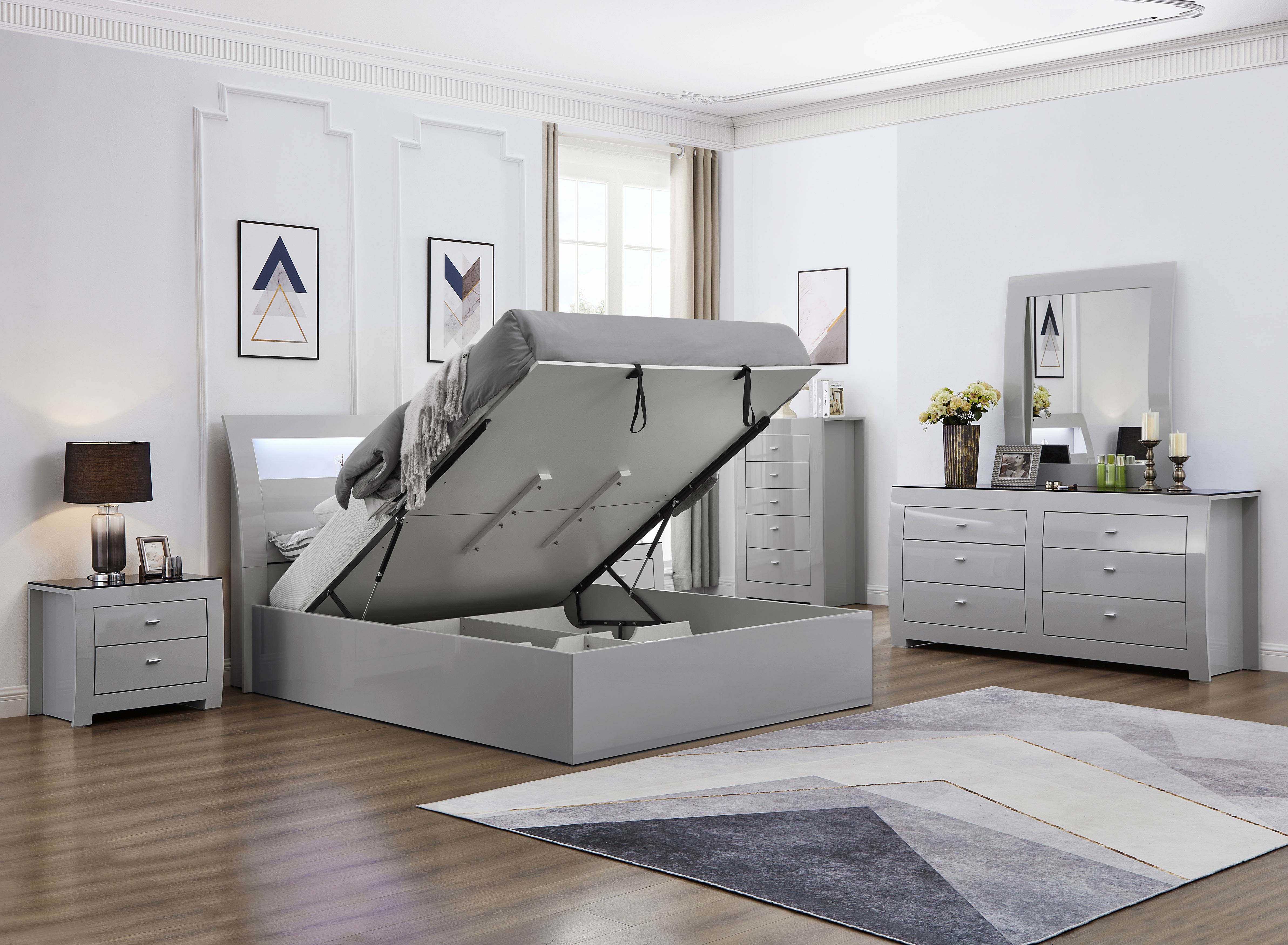 New York Grey Storage Bedroom Set with LED Lighting – New York