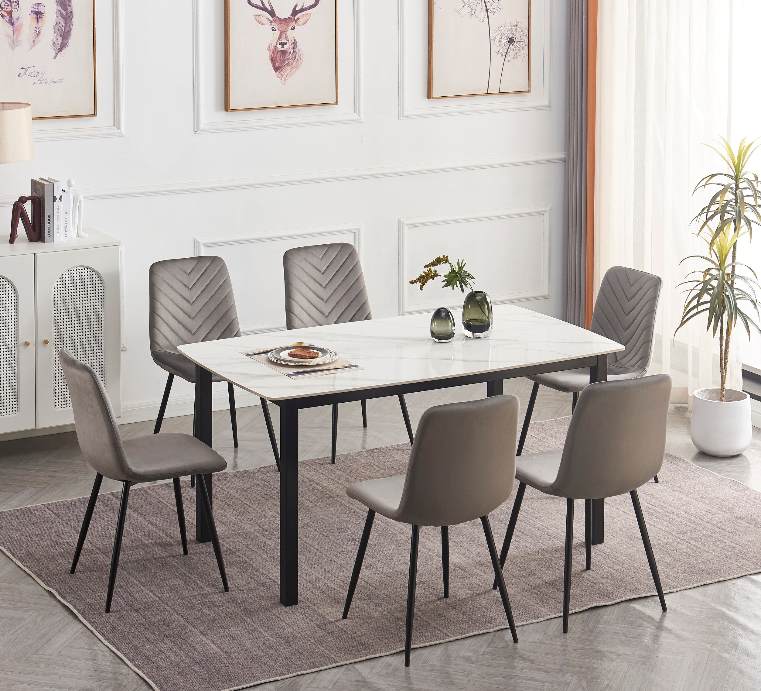 Table: Sintered Stone White Marble Top With Black Steel Legs Dinette Set – T-1815 C-1817