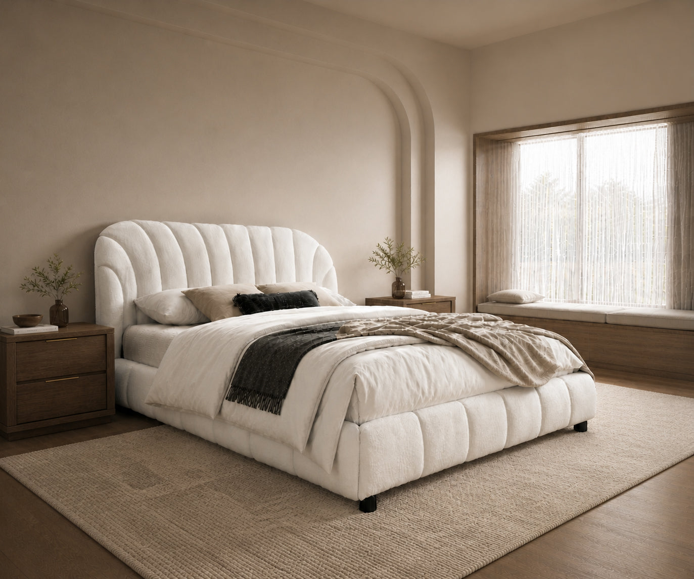 Ivory Channel-Tufted Sleigh Bed – IF-5925