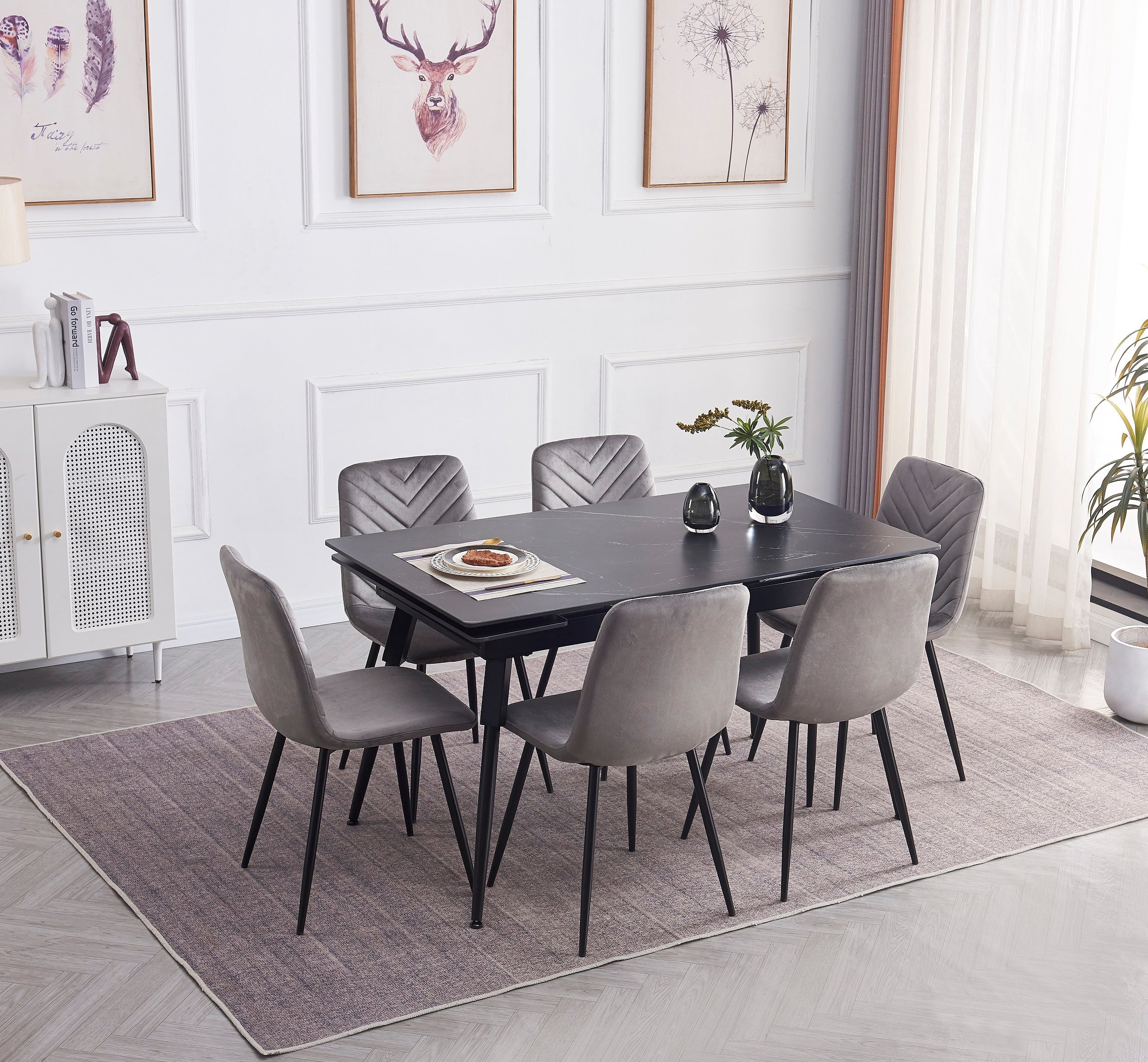 Extension Table: Sintered Stone Black Marble Top With Black Steel Legs Dinette Set – T-1817 C-1817