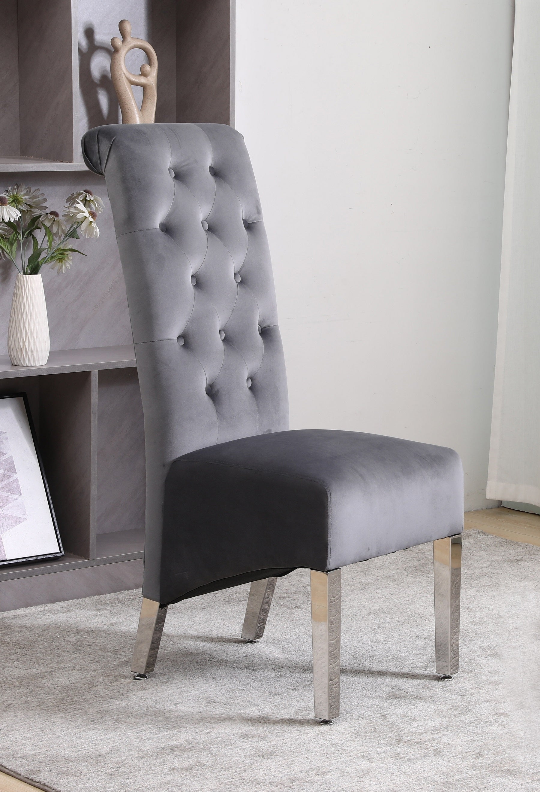 Image of c-1270: 02 grey velvet dining chair with chrome base..