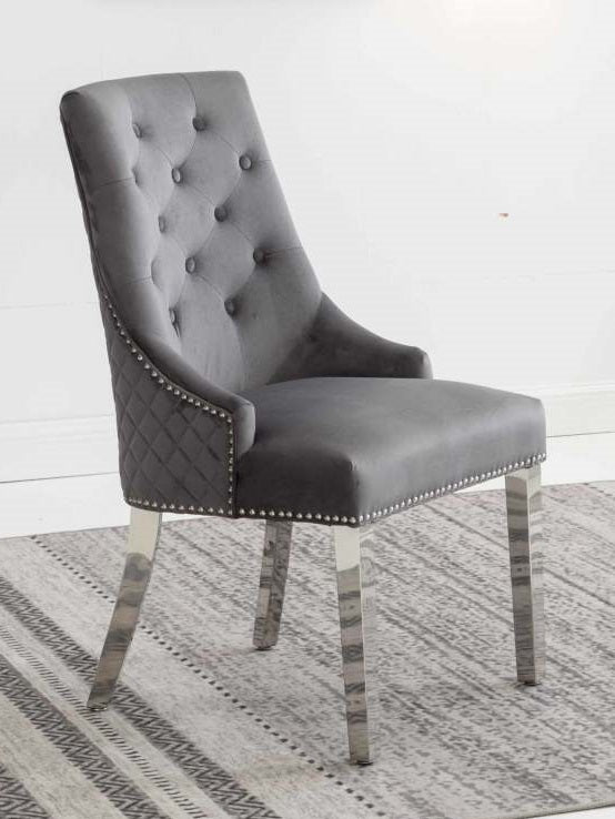 Image of c-1250: 02 grey velvet dining chair with chrome base..