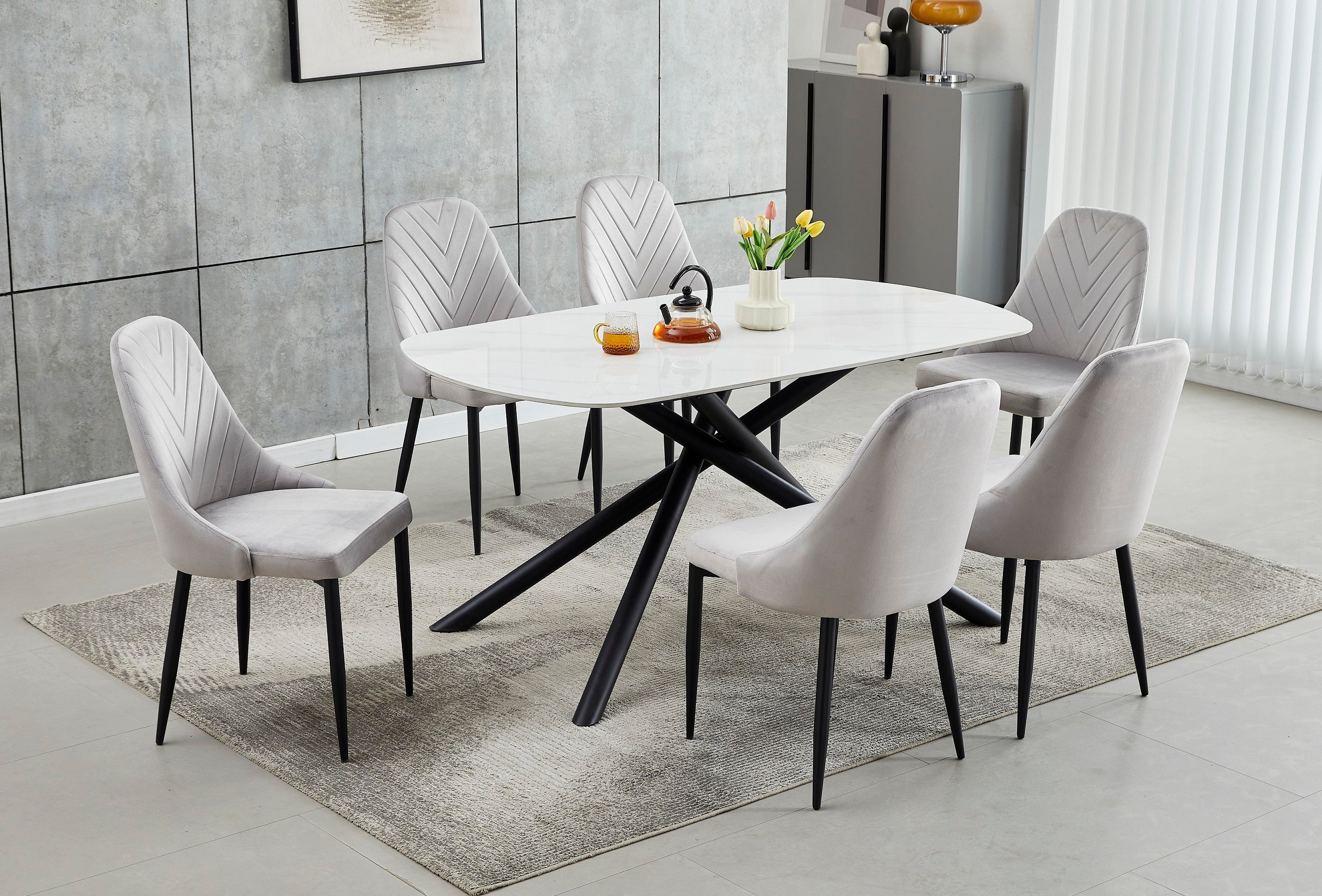 Table: Sintered Stone White Marble Top With Black Steel Legs Dinette Set – T-1530 C-1531