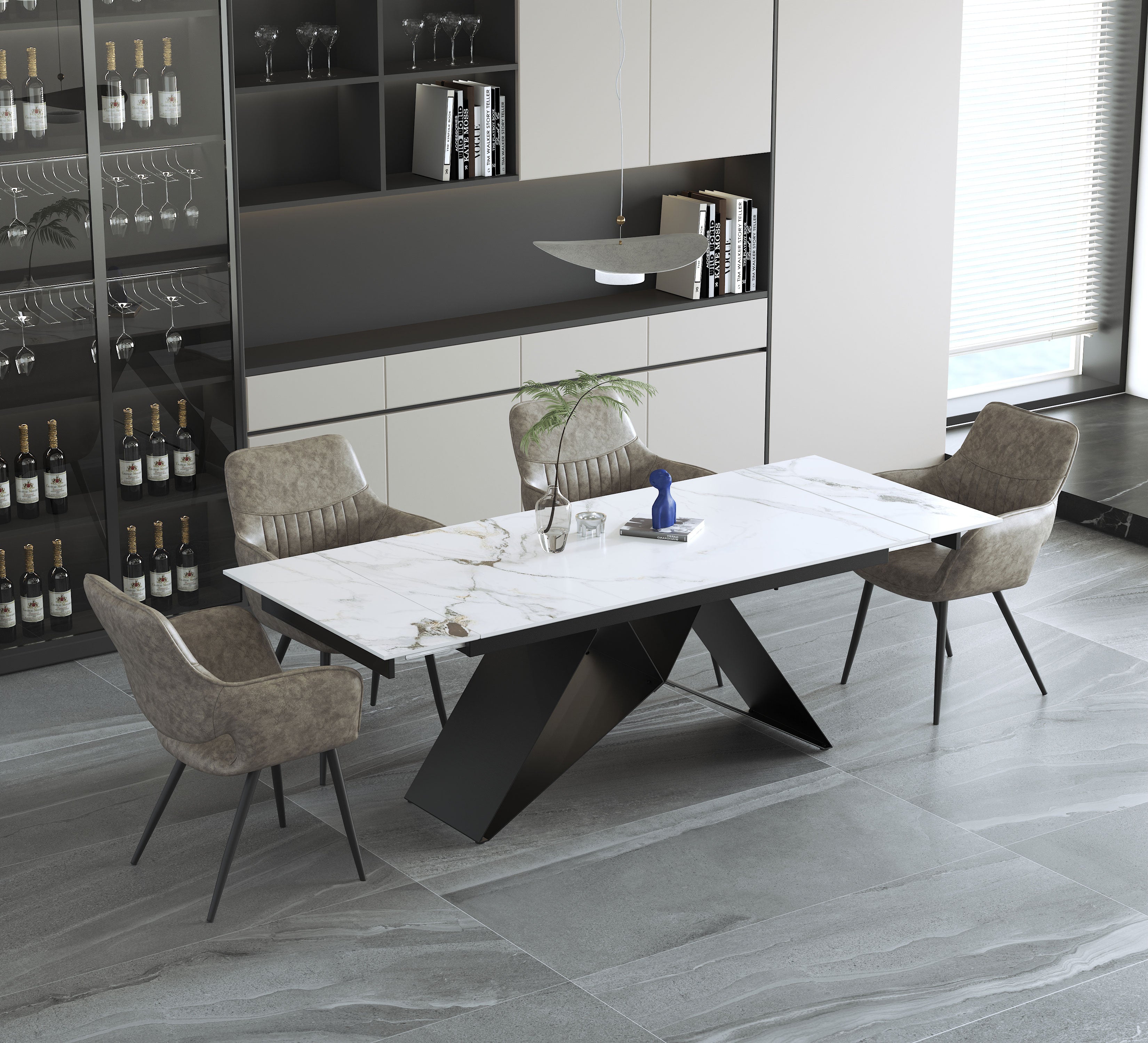 Sintered Stone Chanel Marble Top With X-Shape Black Steel Base Dinette Set – T-1545 C-1546