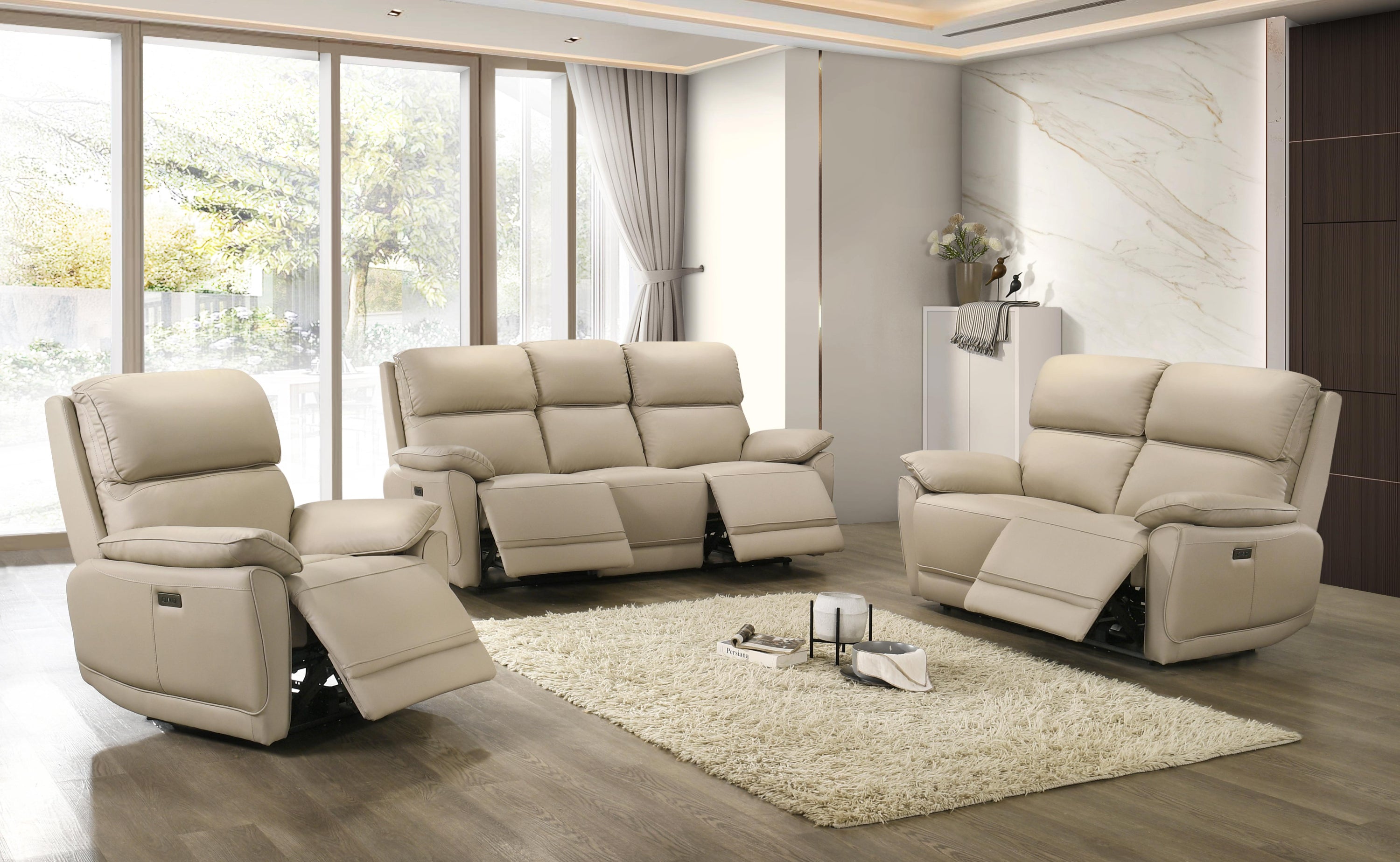 Beige Leather Power Reclining Sofa & Loveseat Set – IF-8172 (Leather Match-Power)