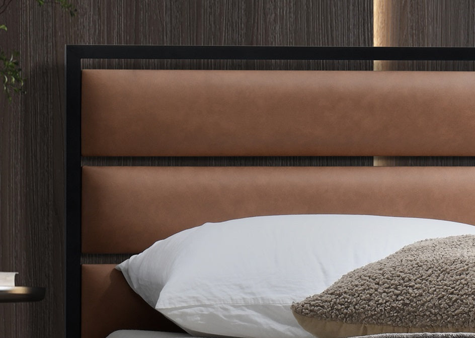 Cognac Faux Leather Channel-Tufted Bed – IF-5335