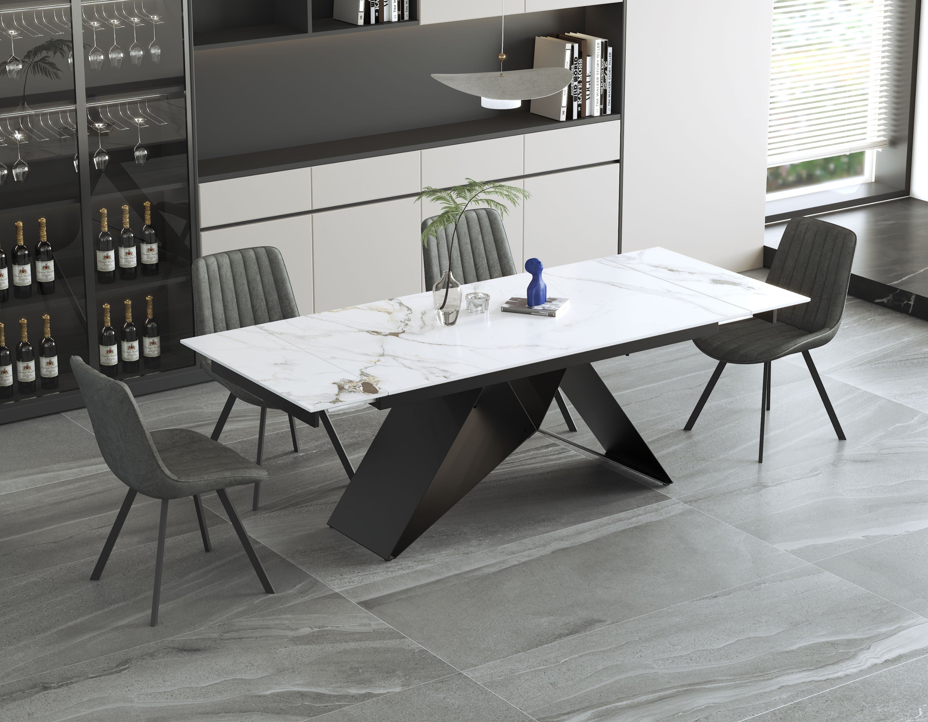 Sintered Stone Chanel Marble Top With X-Shape Black Steel Base Dinette Set – T-1545 C-1561