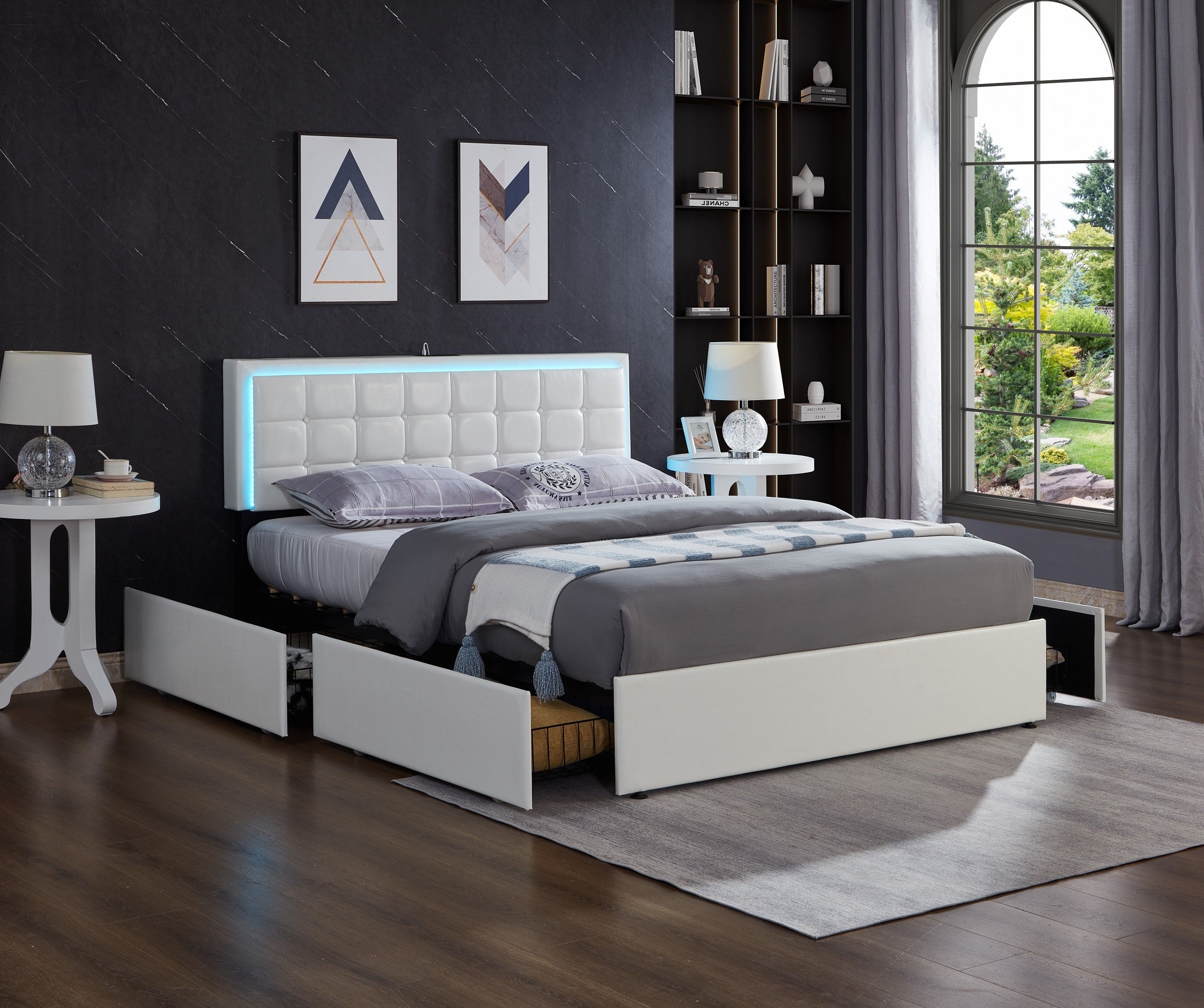 Grey Upholstered Storage Bed with LED Headboard – IF-5402